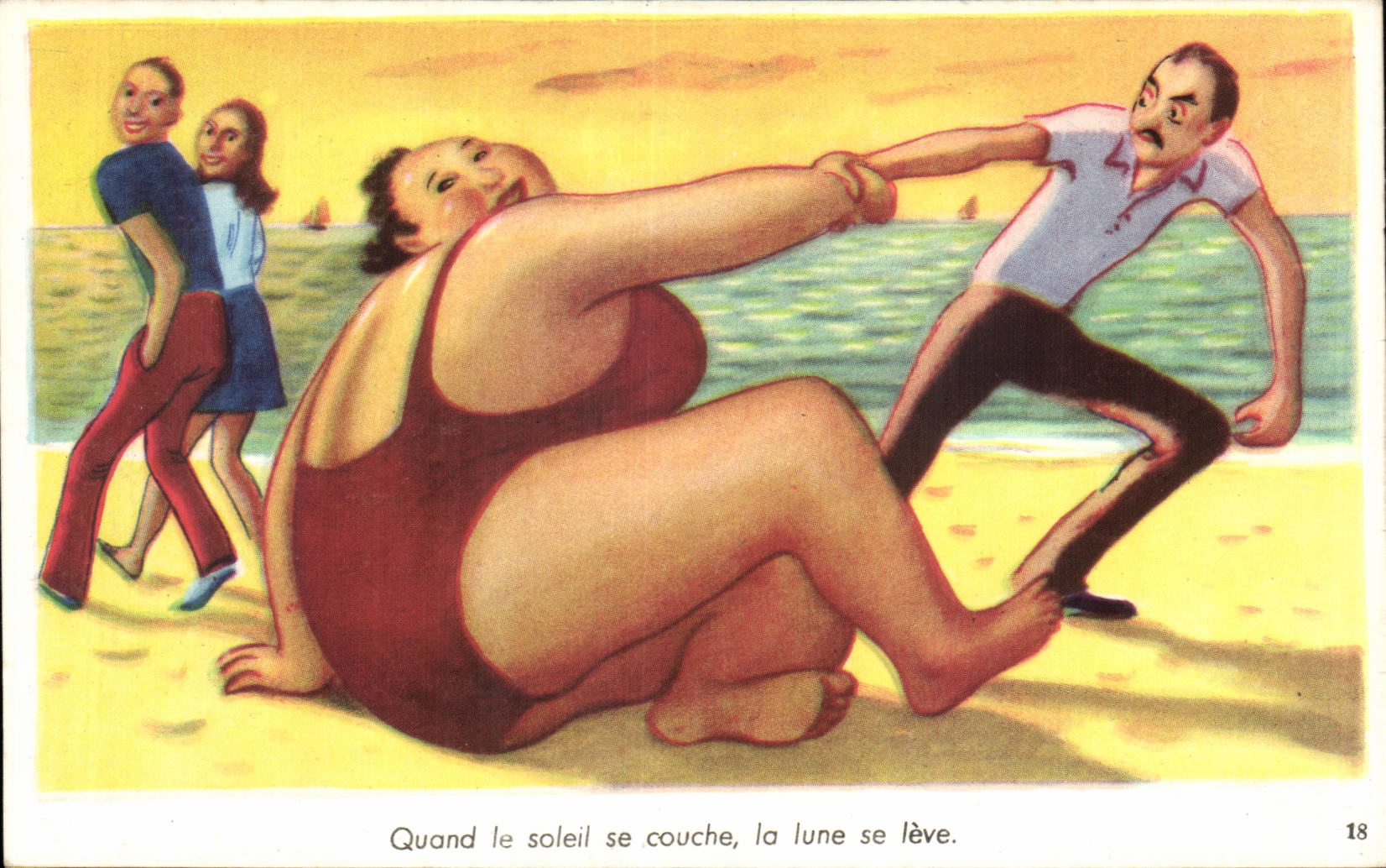 CPA Fantaisie Humour Femme forte Quand le soleil se couche la lune se leve