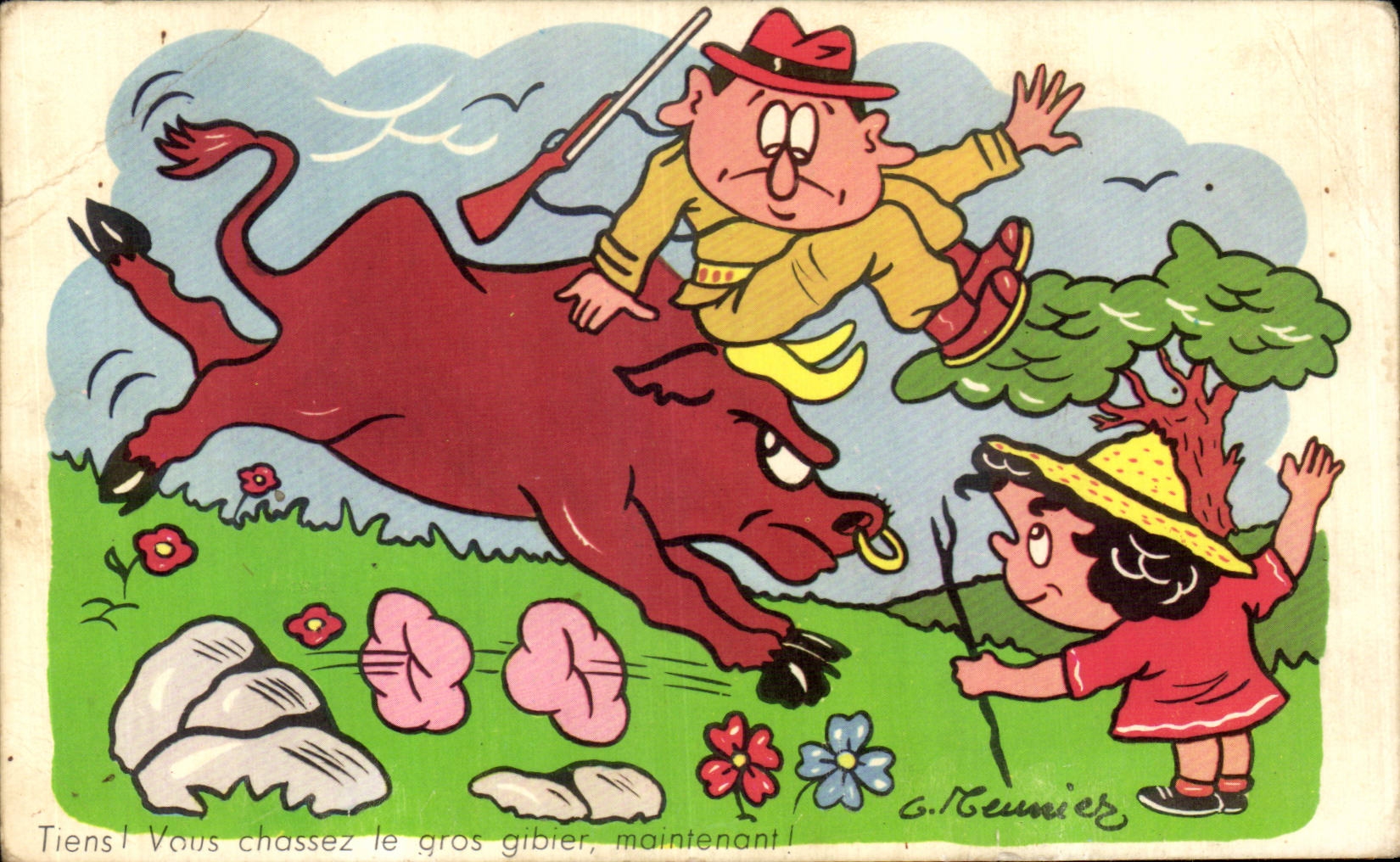 CPA Fantaisie Tiens vous chassez le gros gibier Taureau Chasse Chasseur