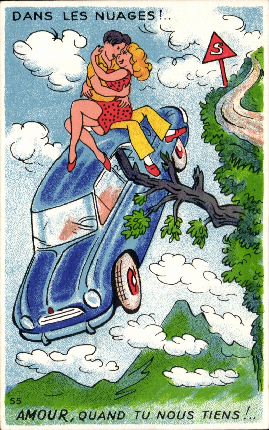 Humour - Illustration - dans les nuages - couple - CPA 