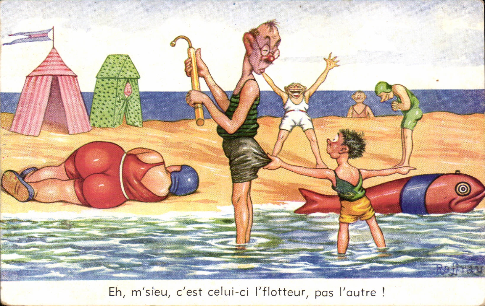Humour - Illustration - bain - swimming - plage - beach - CPA 