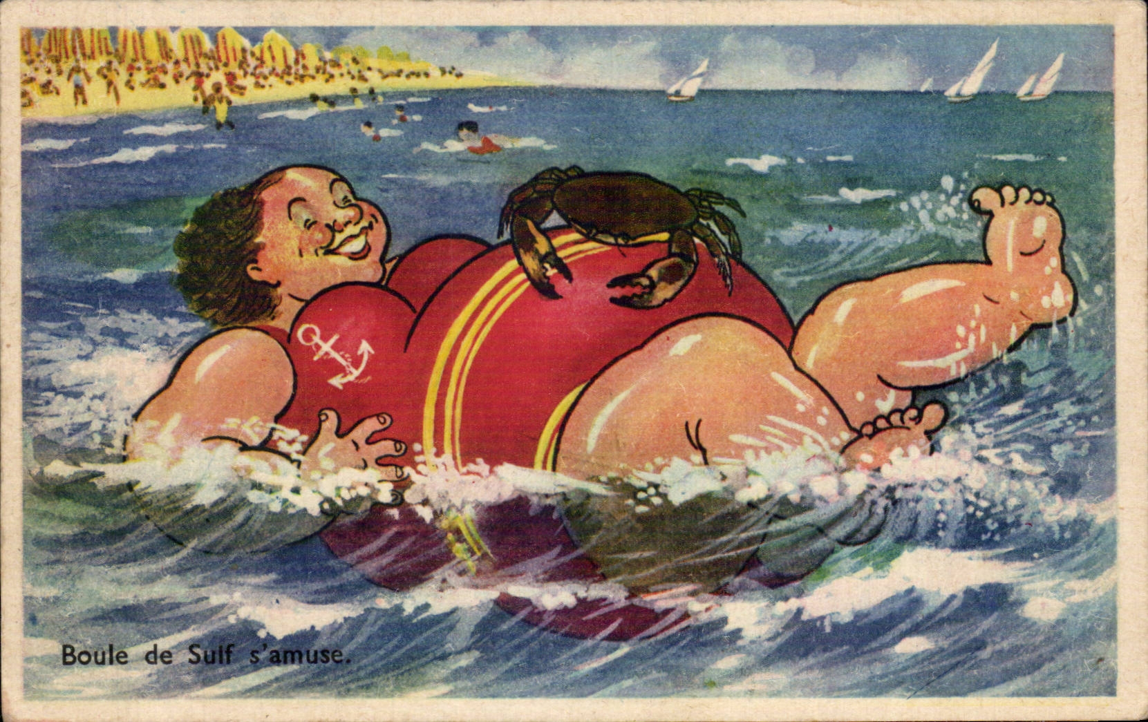 Humour - Illustration - bain - swimming - plage - beach - crabe - crab - CPA 