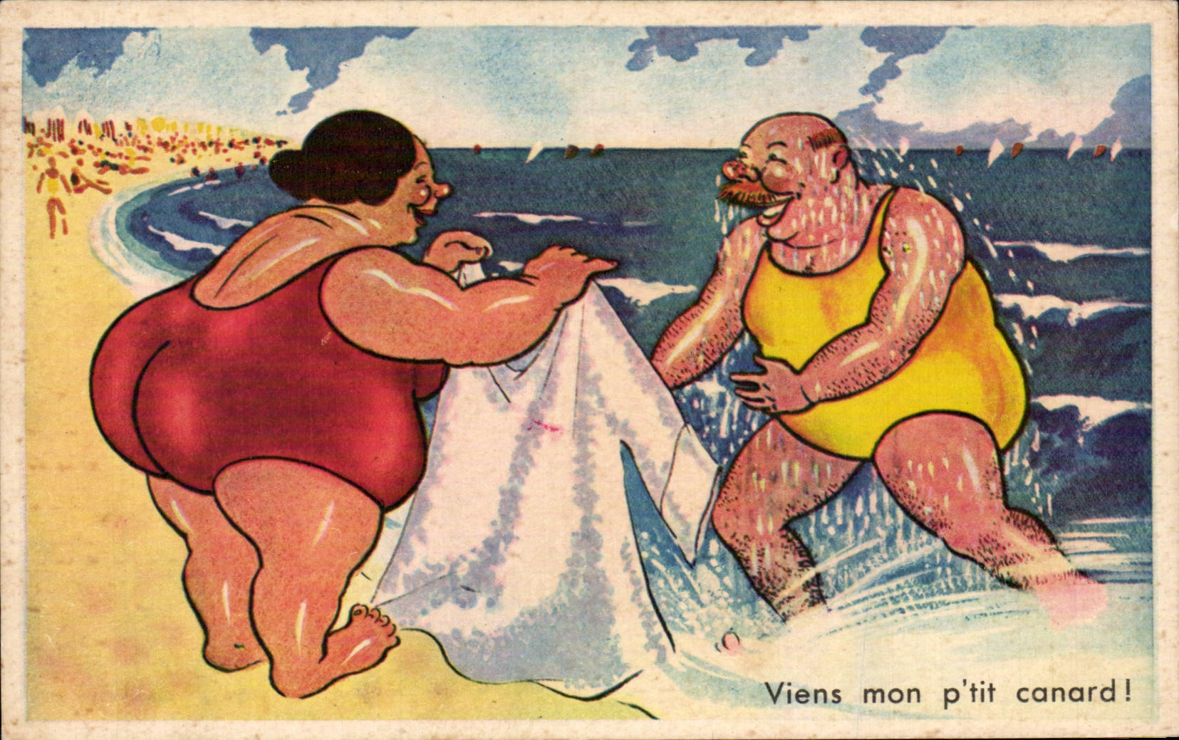 Humour - Illustration - bain - swimming - plage - beach - CPA 