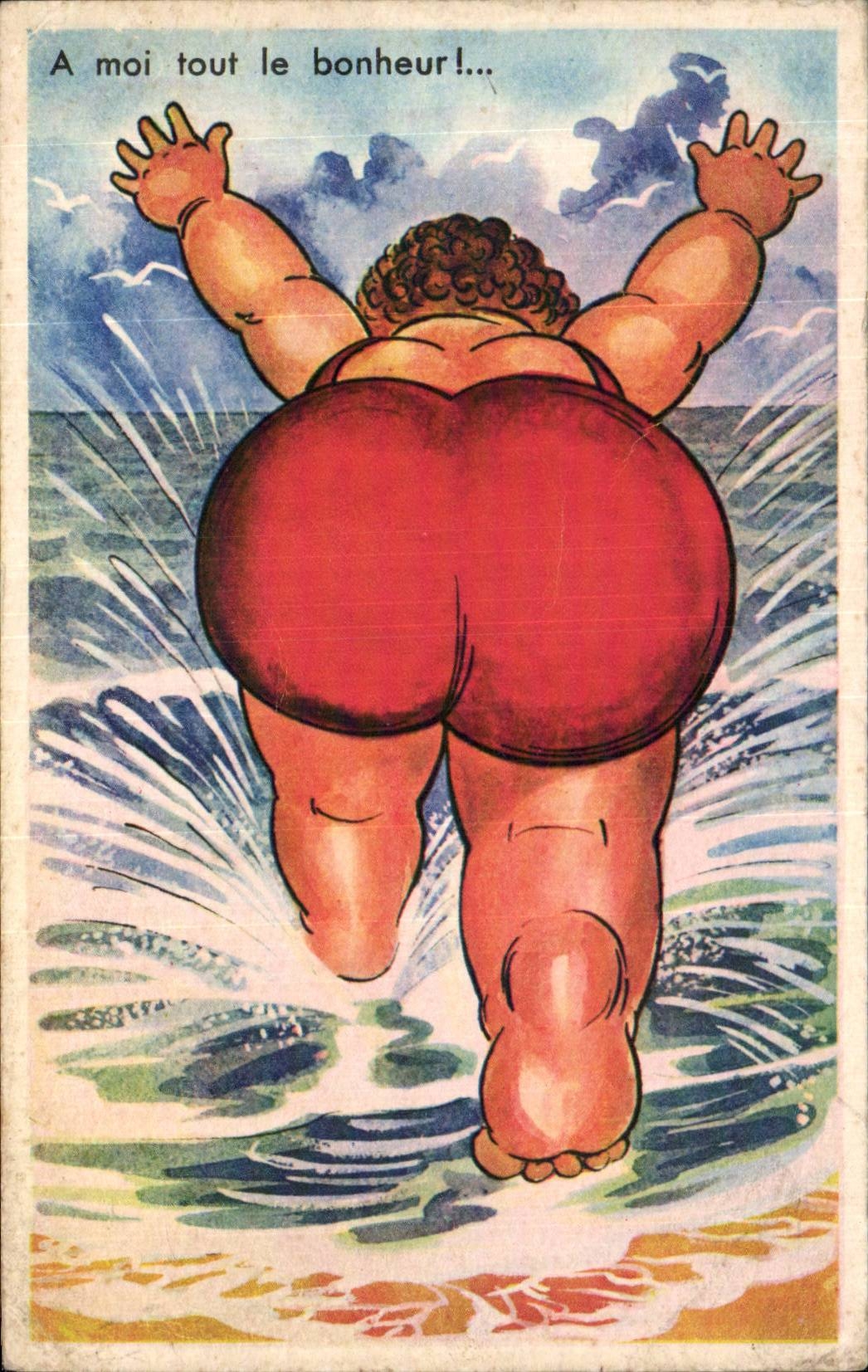 Humour - Illustration - A moi tout le bonheur - bain - swimming - plage - beach - CPA 