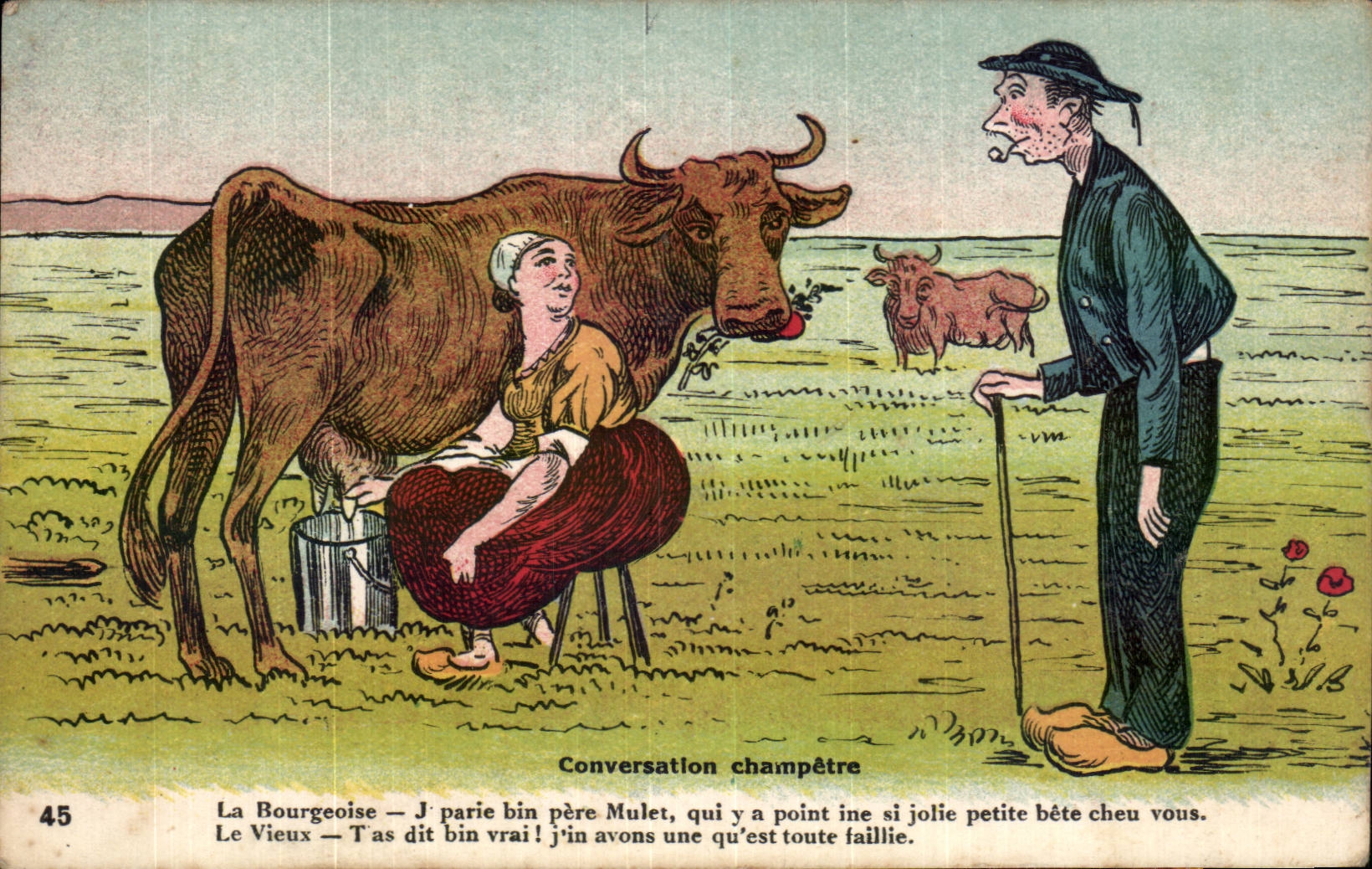 Humour - Illustration - Conversation champetre - vache - cow - CPA 