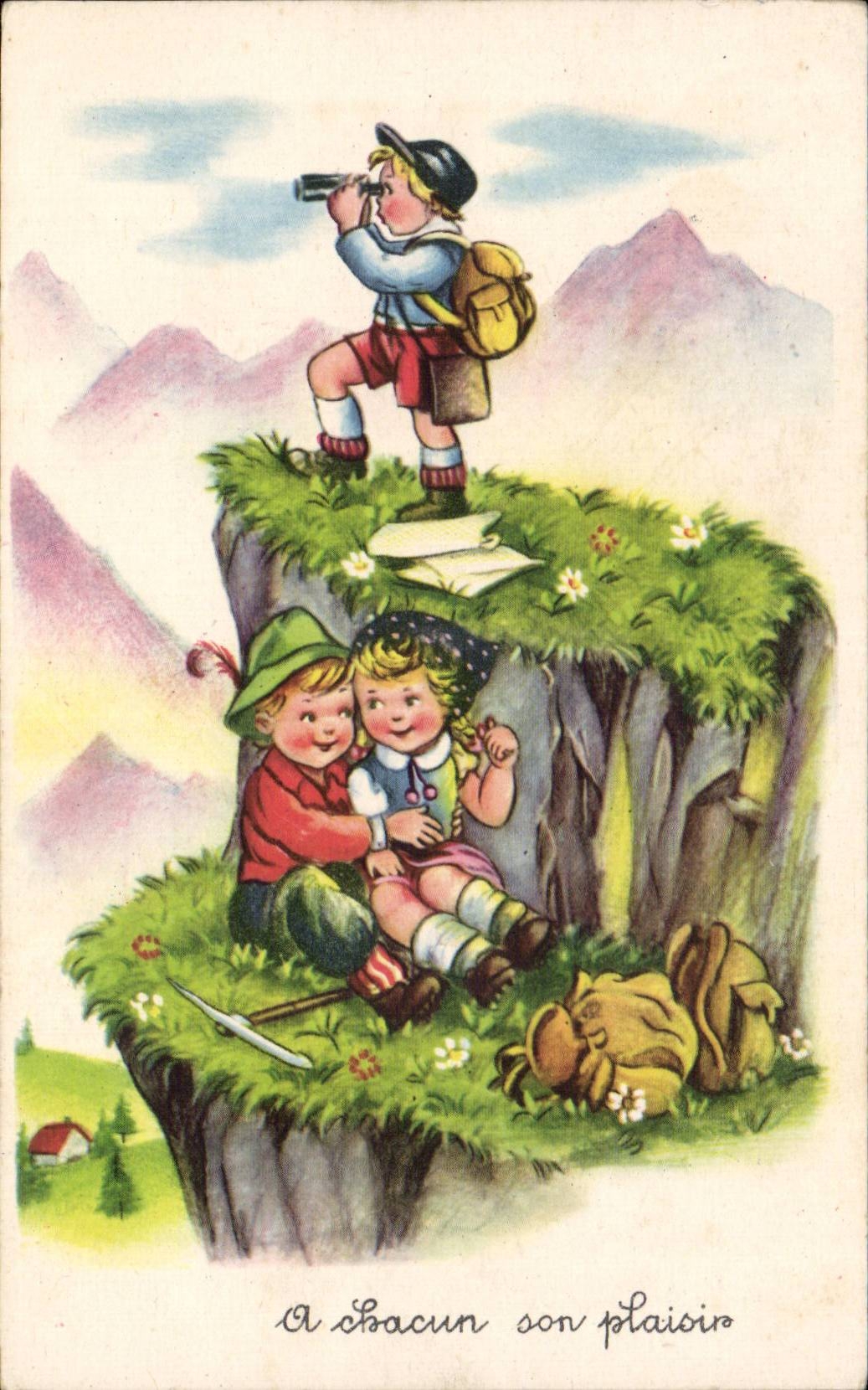 Fantasia - ninos - ilustracion - ninos que suben alpinismo de las montanas - CPA