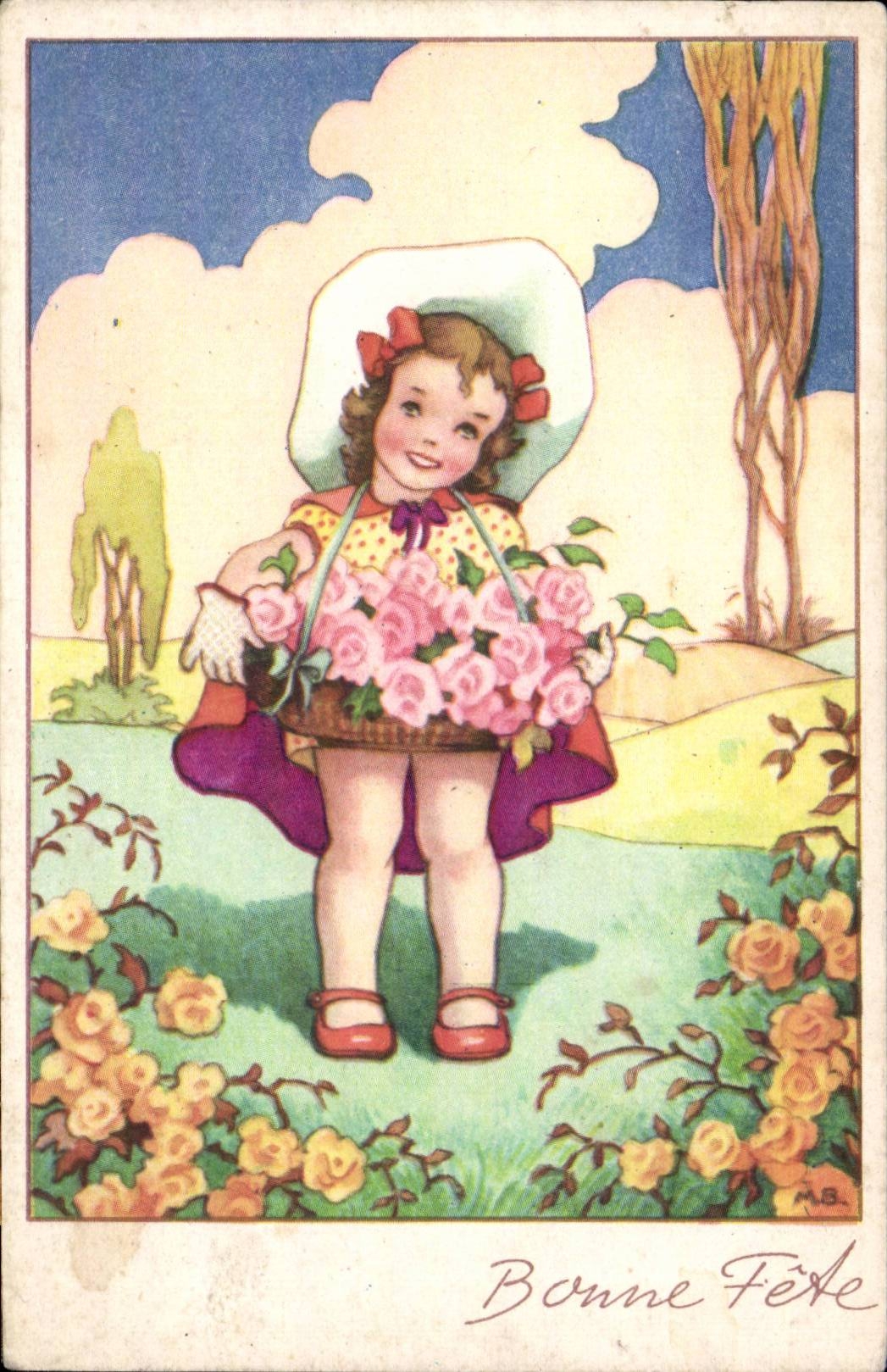 Fantasia - ninos - ilustracion - muchacha querida con las flores - CPA