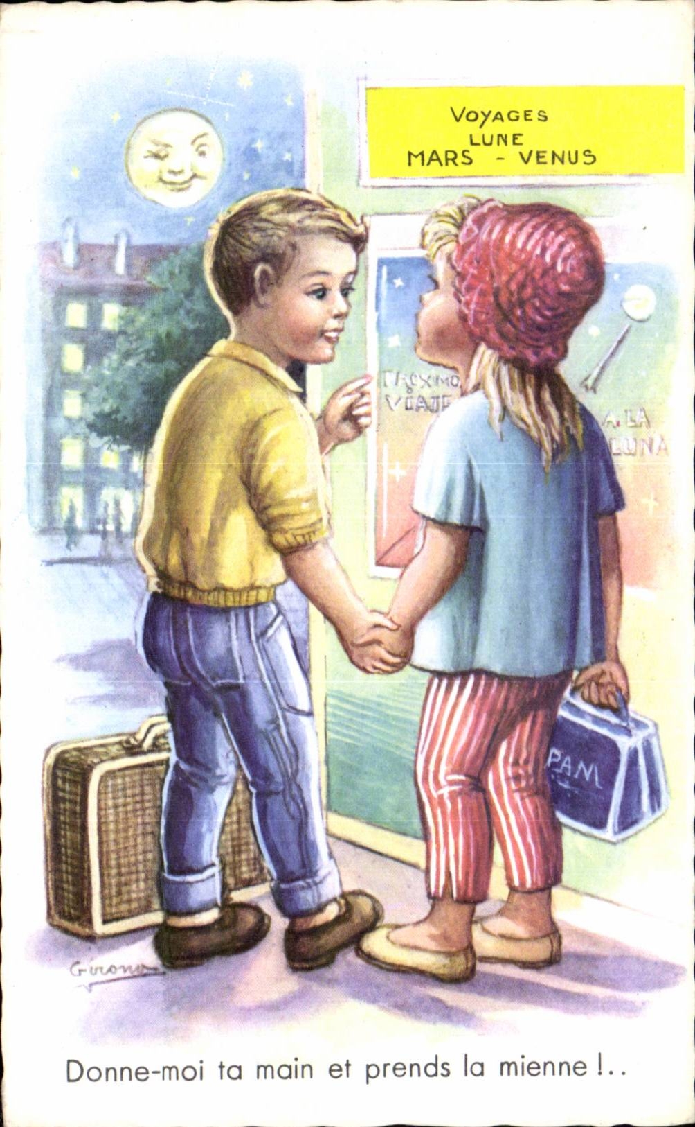 Fantasia - ninos - ilustracion - viaje al viaje Marte de la luna venir - CPA