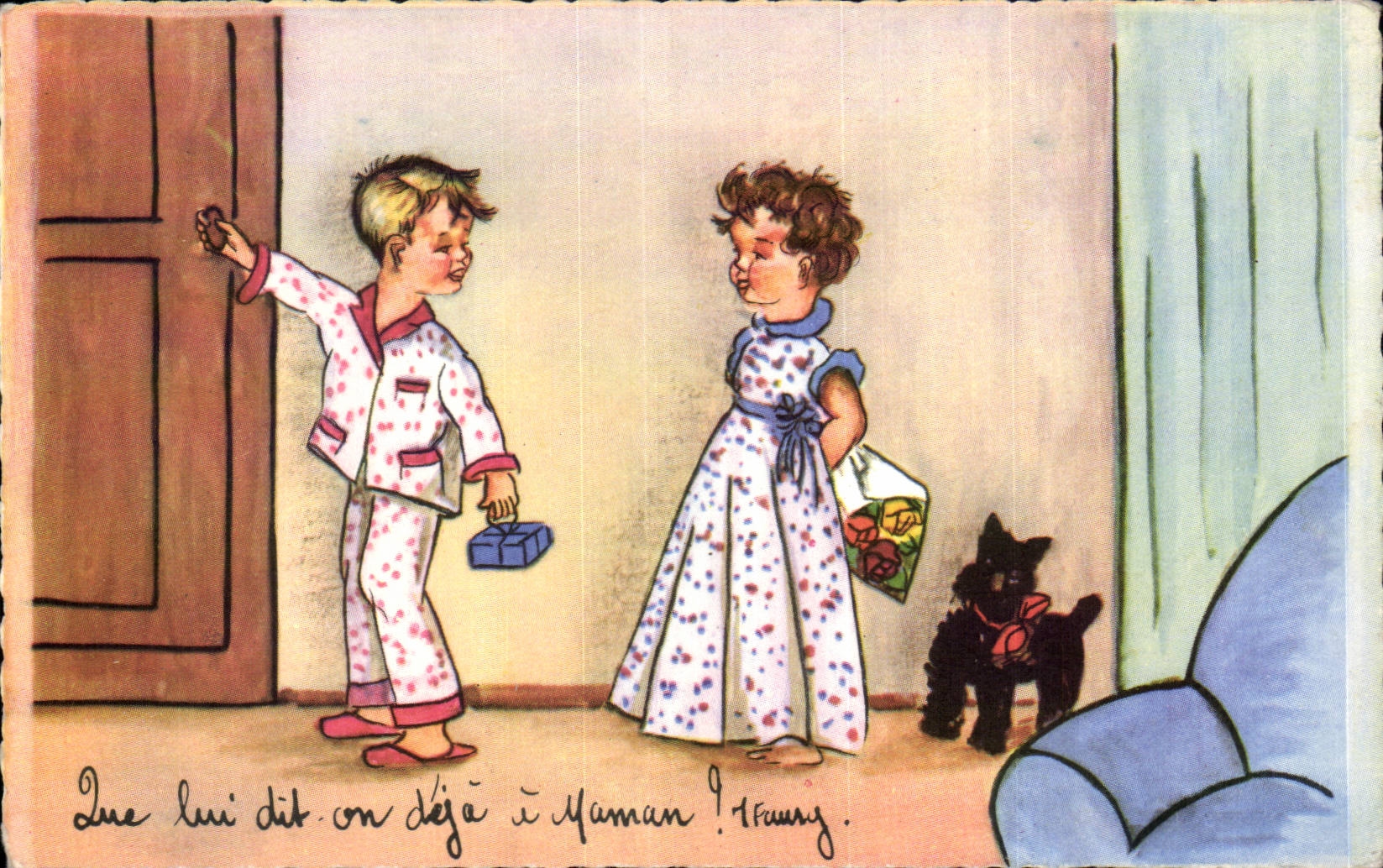 Fantasia - ninos - ilustracion - ninos lindos del litte - perro - perro - CPA