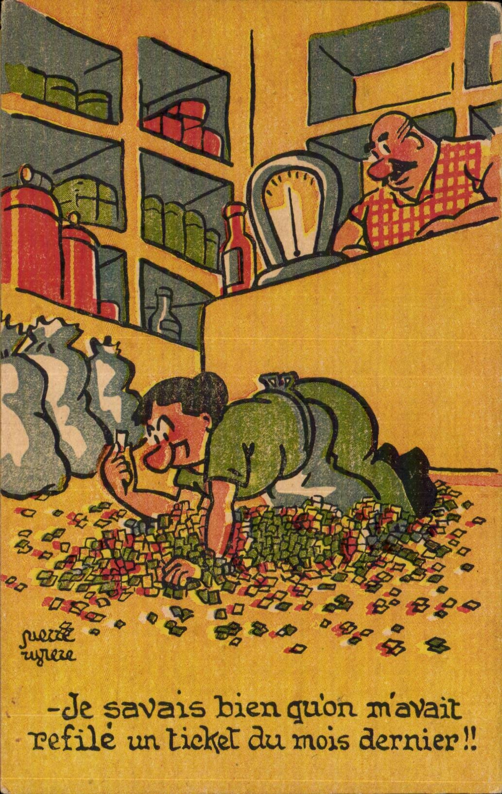 Humour - IlIustration - supermarket - grocery - store - supermarche - CPA 