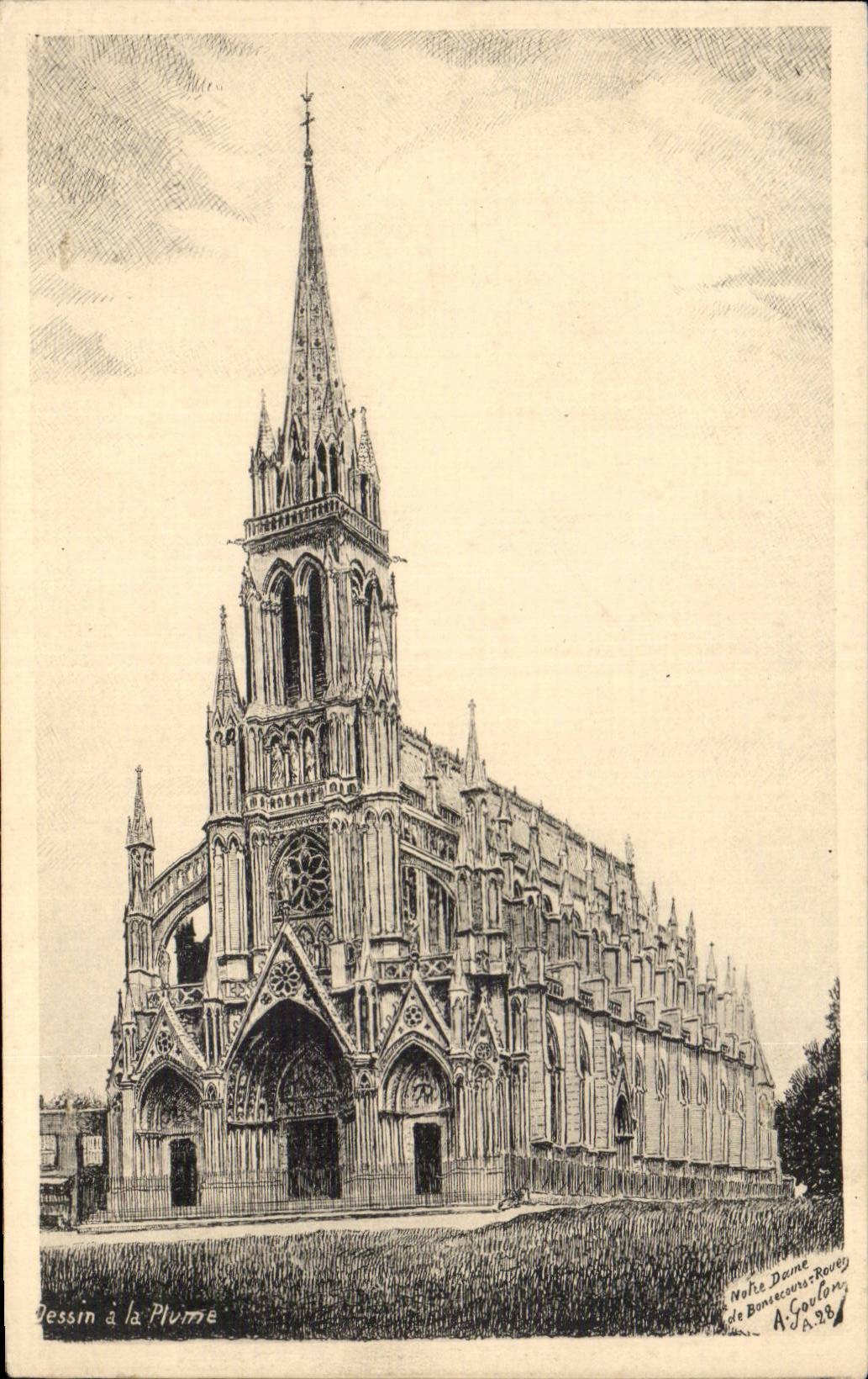Bonsecours - Pen-and-ink drawing - Notre Dame - CPA