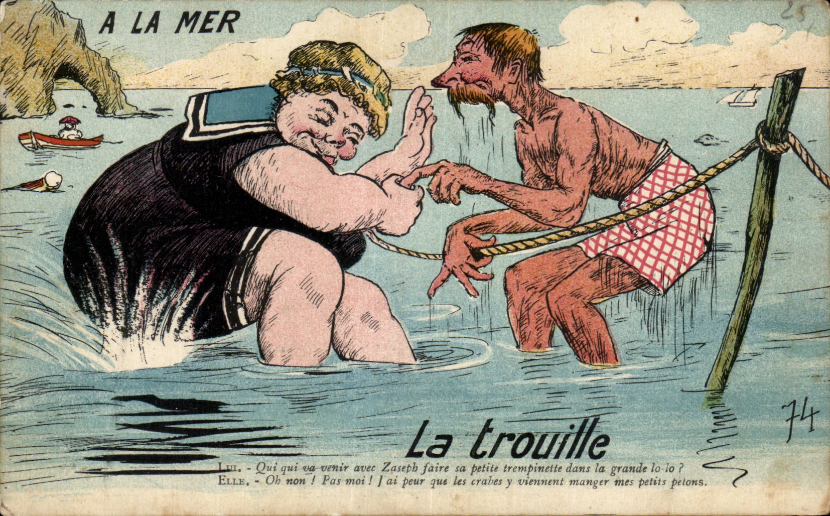 CPA Fantaisie Humour Illustrateur A la mer La trouille 