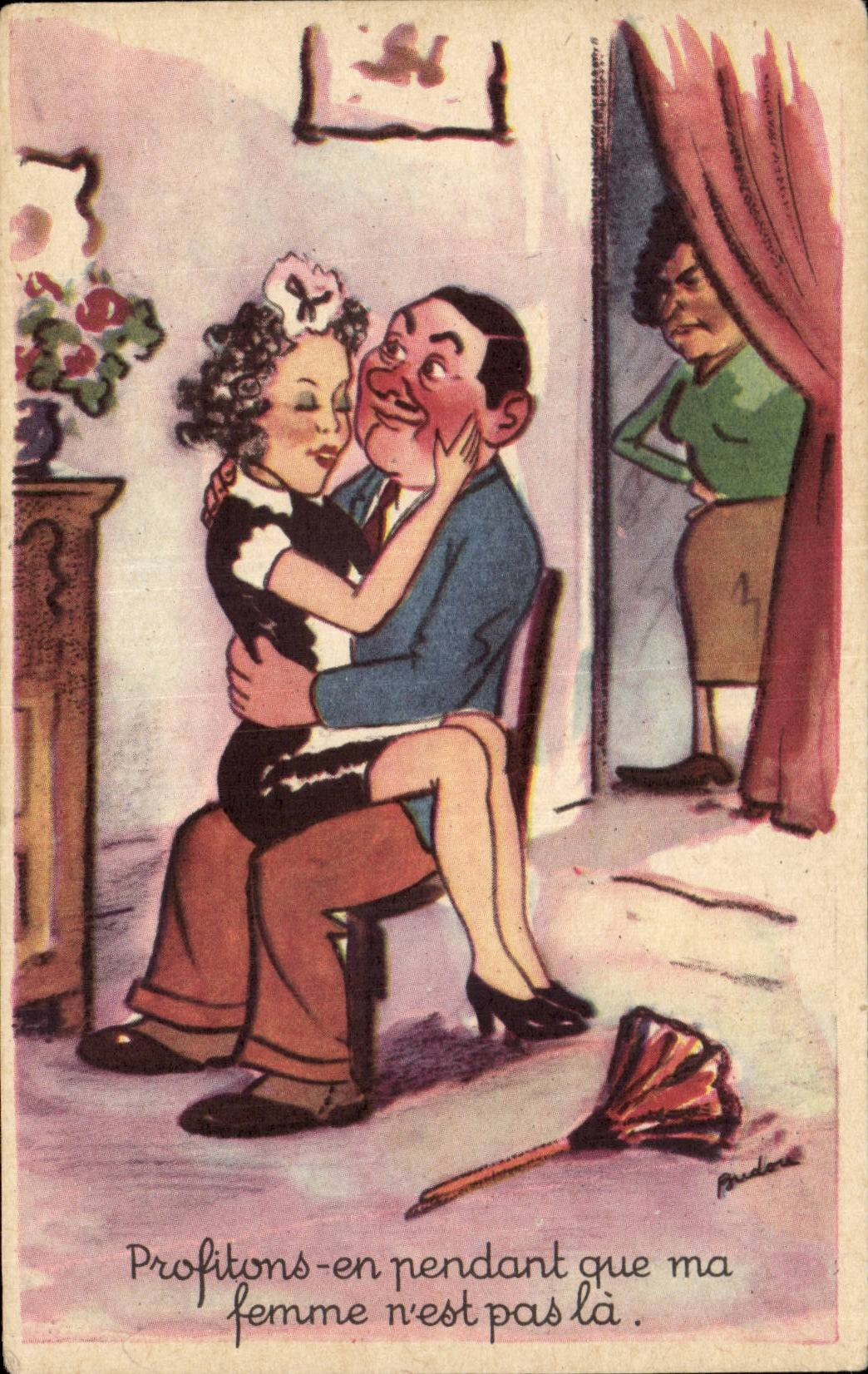 CPA Fantaisie Humour profitons en pendant que ma femme n'est pas la 