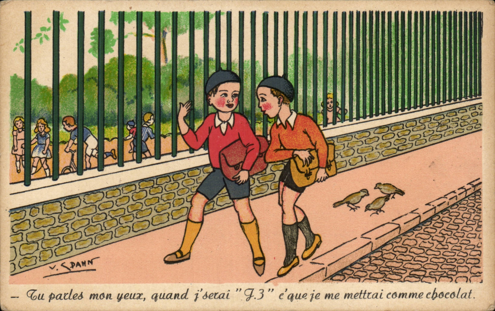 Chocolate de los colegiales de los ninos del ilustrador de la fantasia de CPA