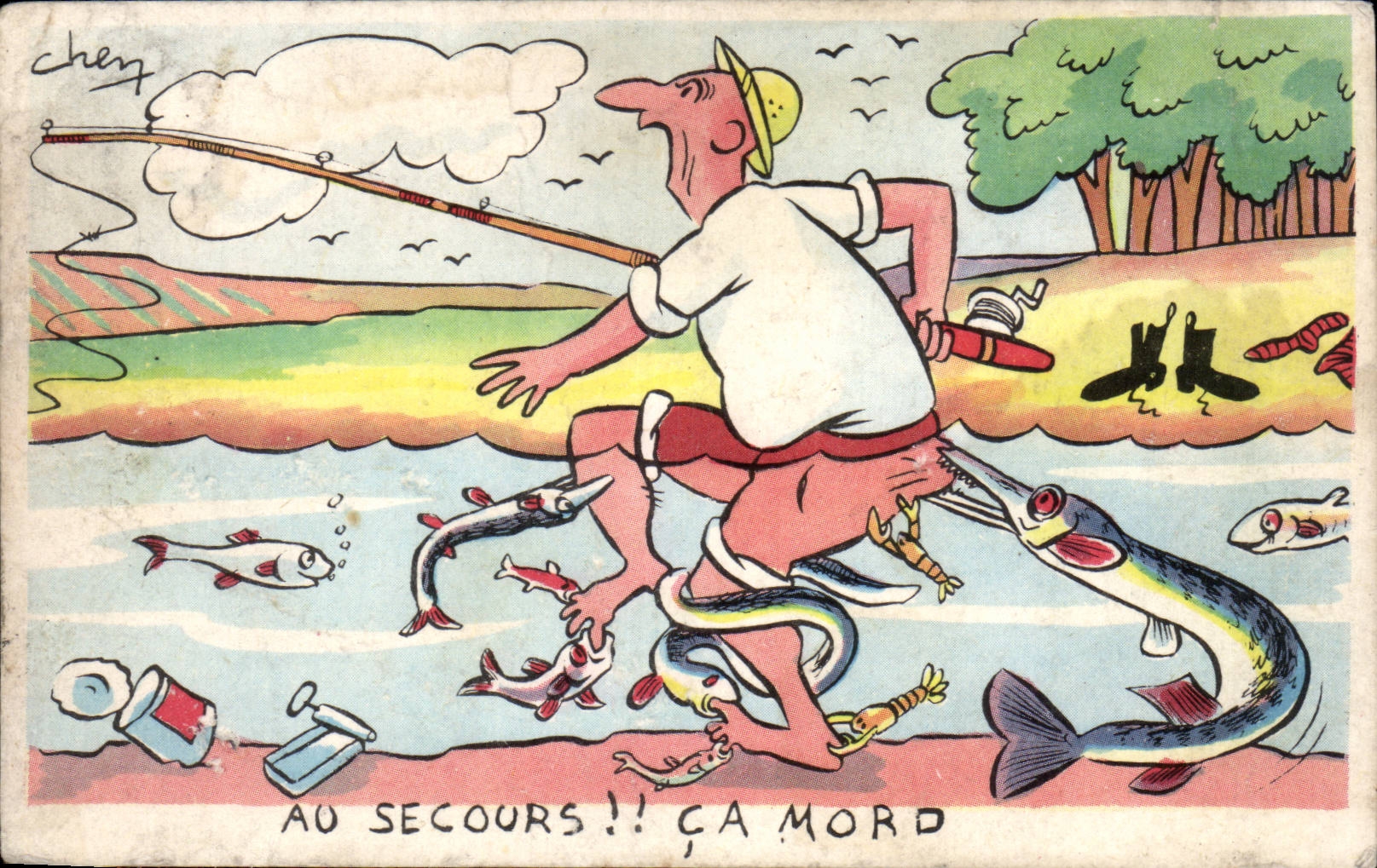 CPA Fantaisie Illustrateur Pecheur Au secours ca mord ! 