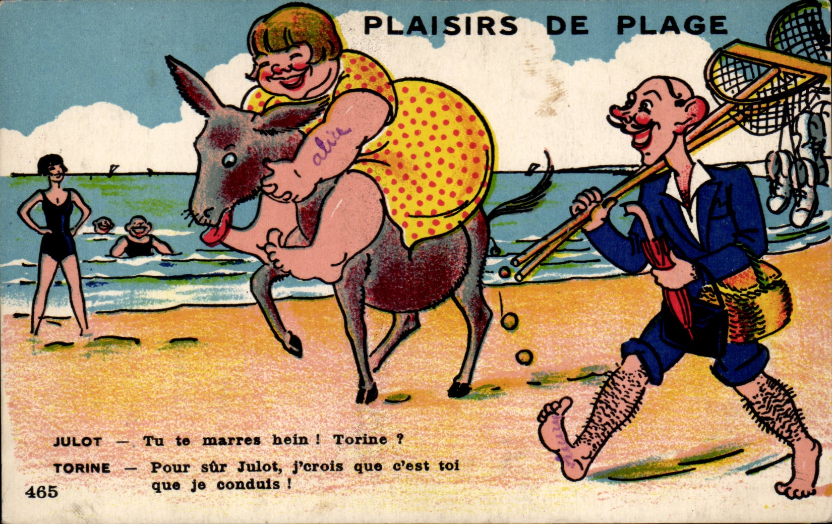 CPA Fantaisie Illustrateur Humour Plaisirs de la plage Julot Torine Ane Donkey Mule