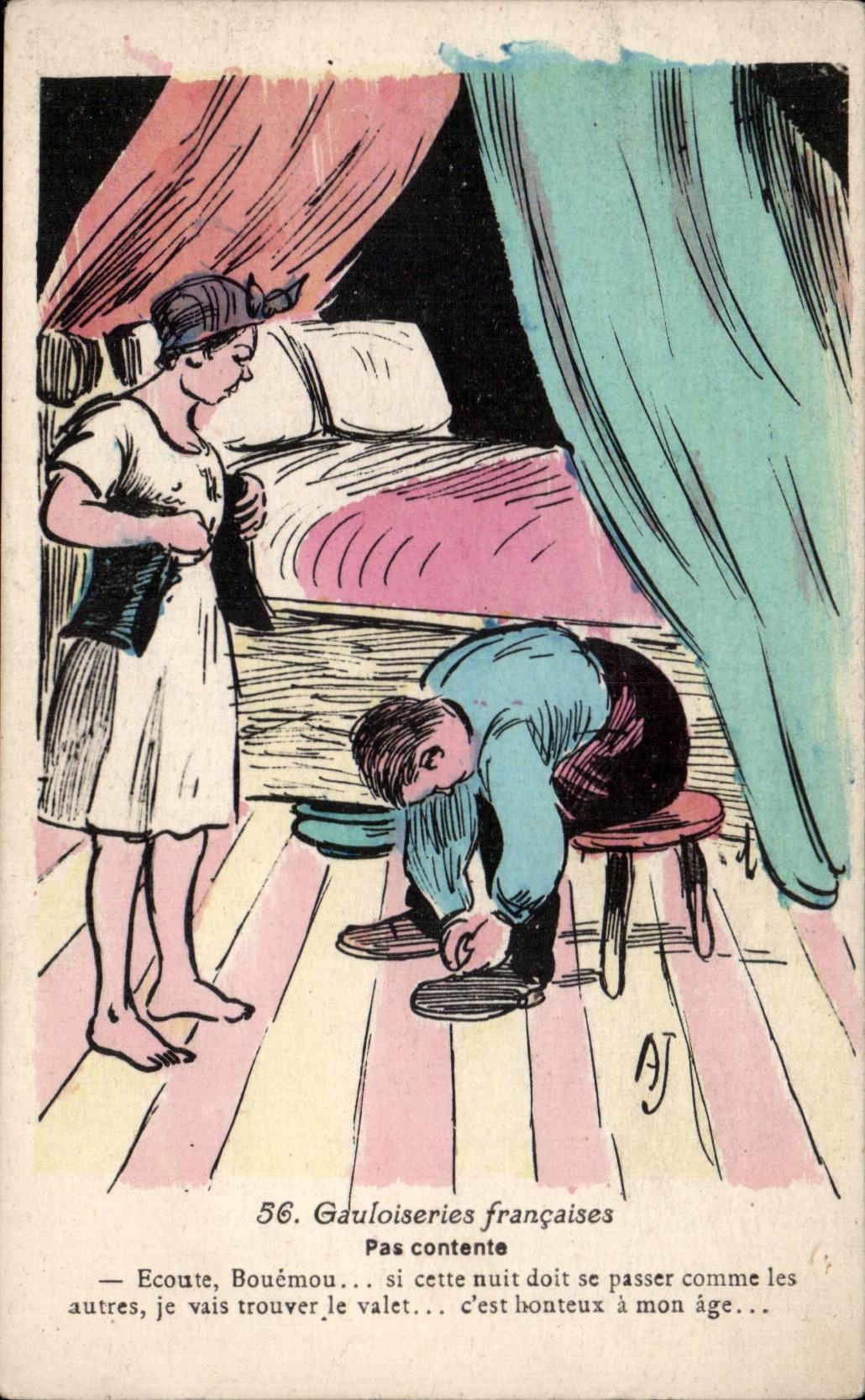 CPA Fantaisie Illustrateur Humour Gauloiseries francaises Pas contente