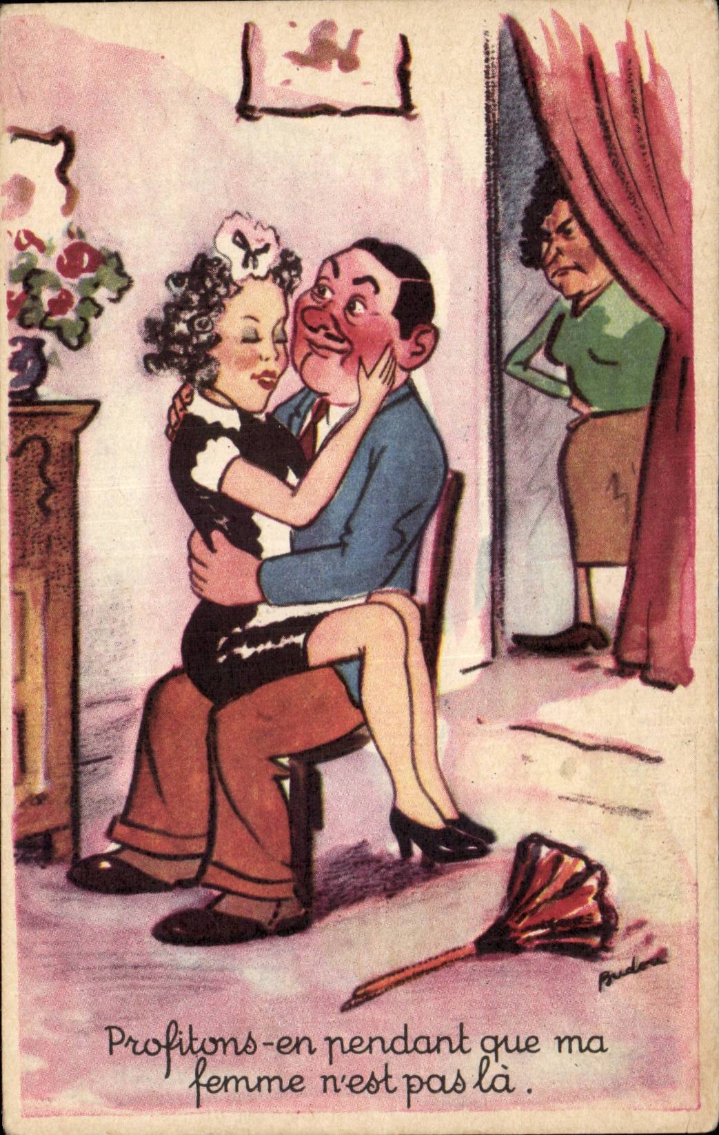 CPA Fantaisie Illustrateur Humour Profitons en pendant que ma femme n'est pas la