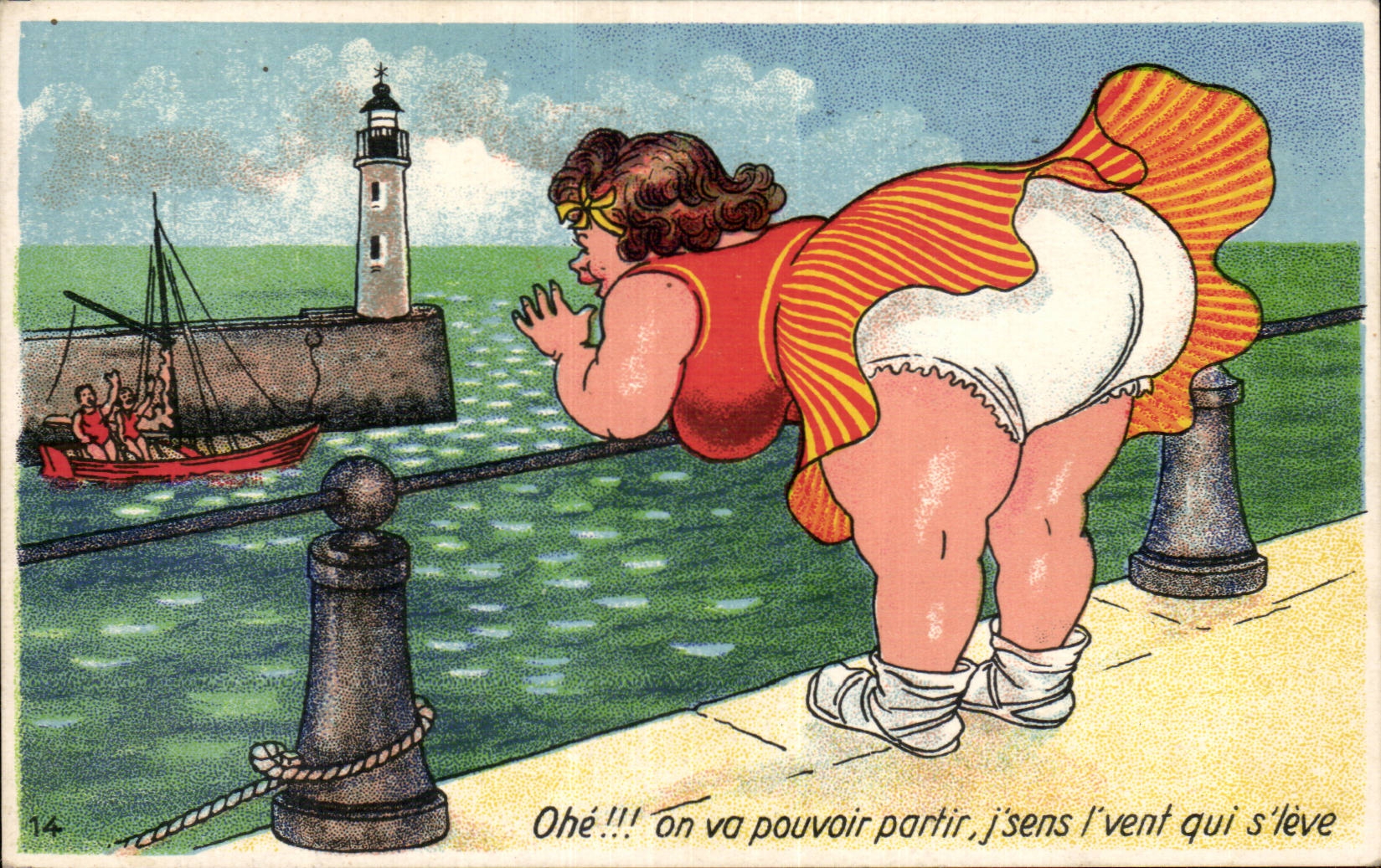 CPA Fantaisie Illustrateur Humour Femme forte ohe !!! on va pouvoir partir Bateau