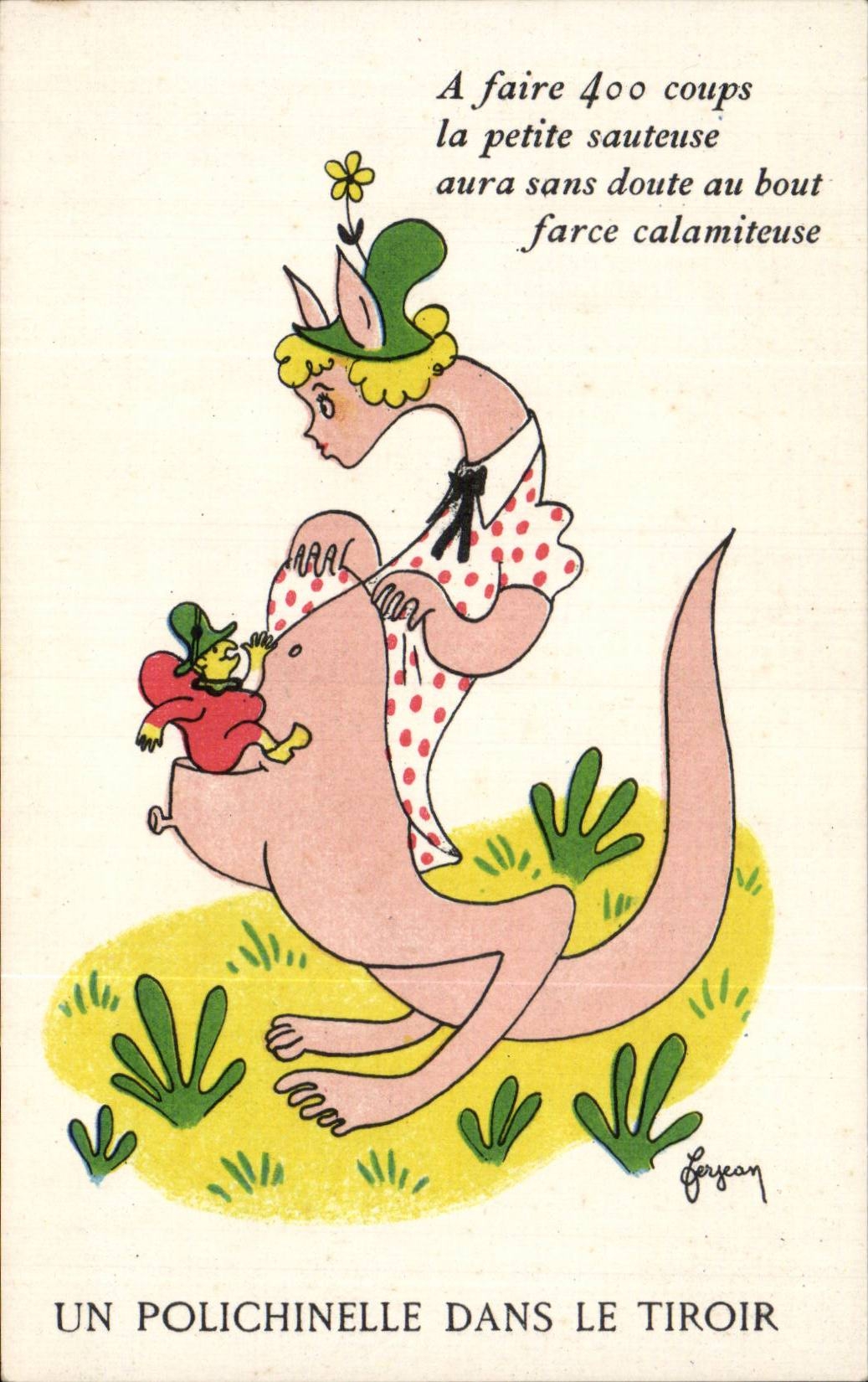 Humor Punchinello del ilustrador de la fantasia de CPA en el canguro del canguro del cajon