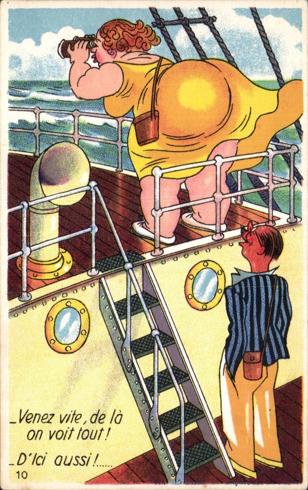 CPA Fantaisie Humour Femme forte Venez vite : de la on voit tout !