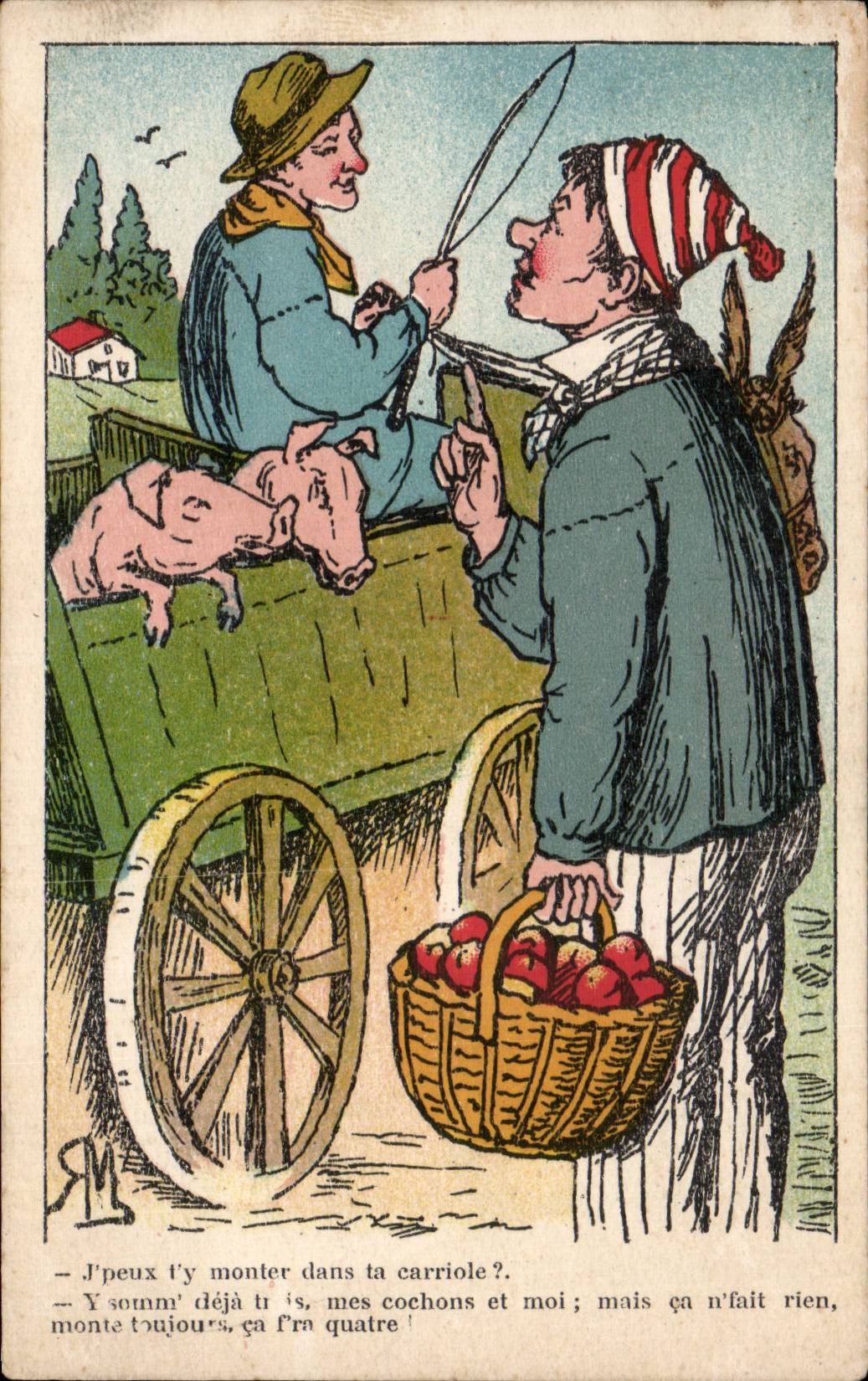 Humour - Illustration - J'peux t'y monter - cochon - pig - CPA 