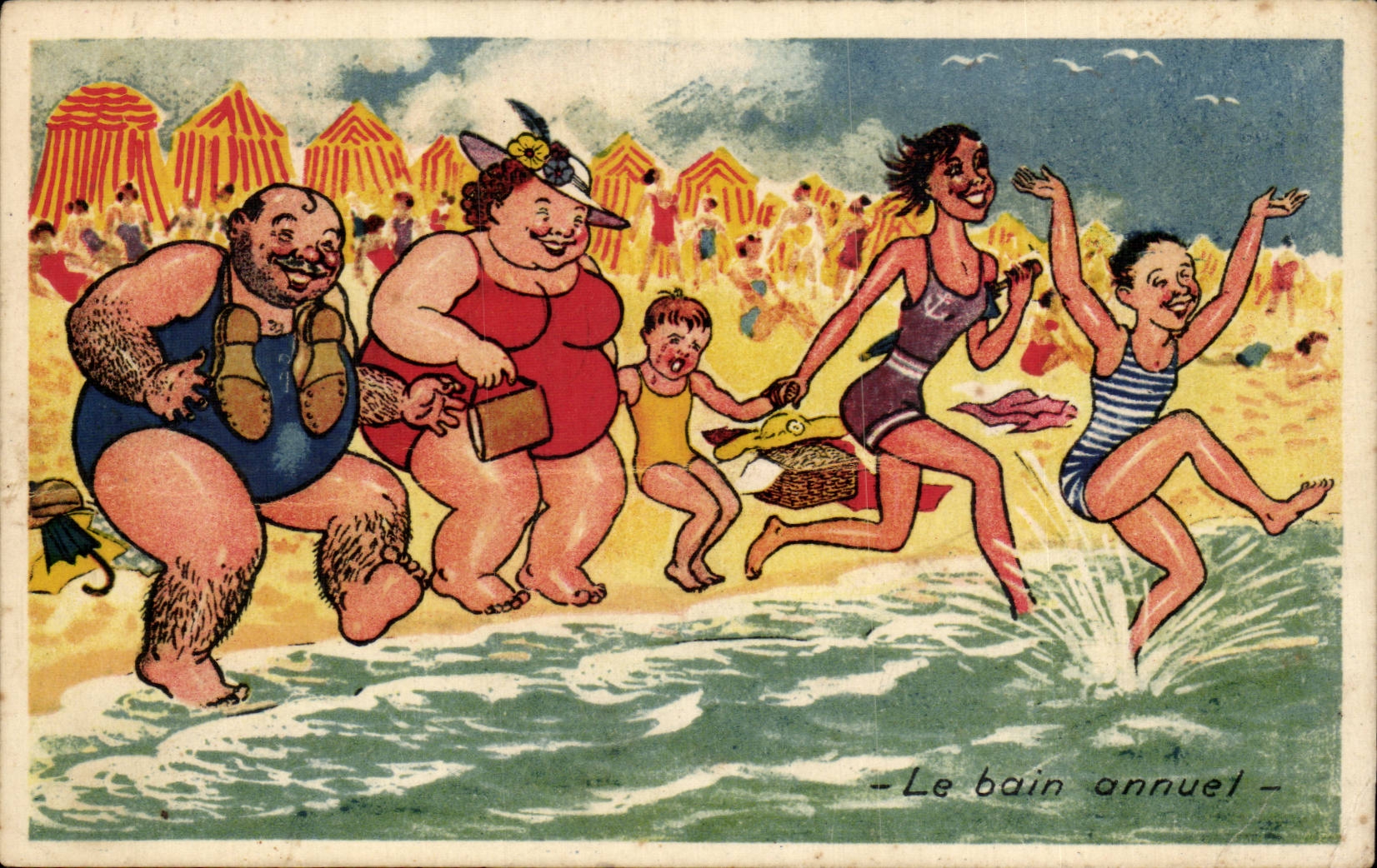 Humour - Illustration - bain - swimming - plage - beach - Le bain annuet - CPA 