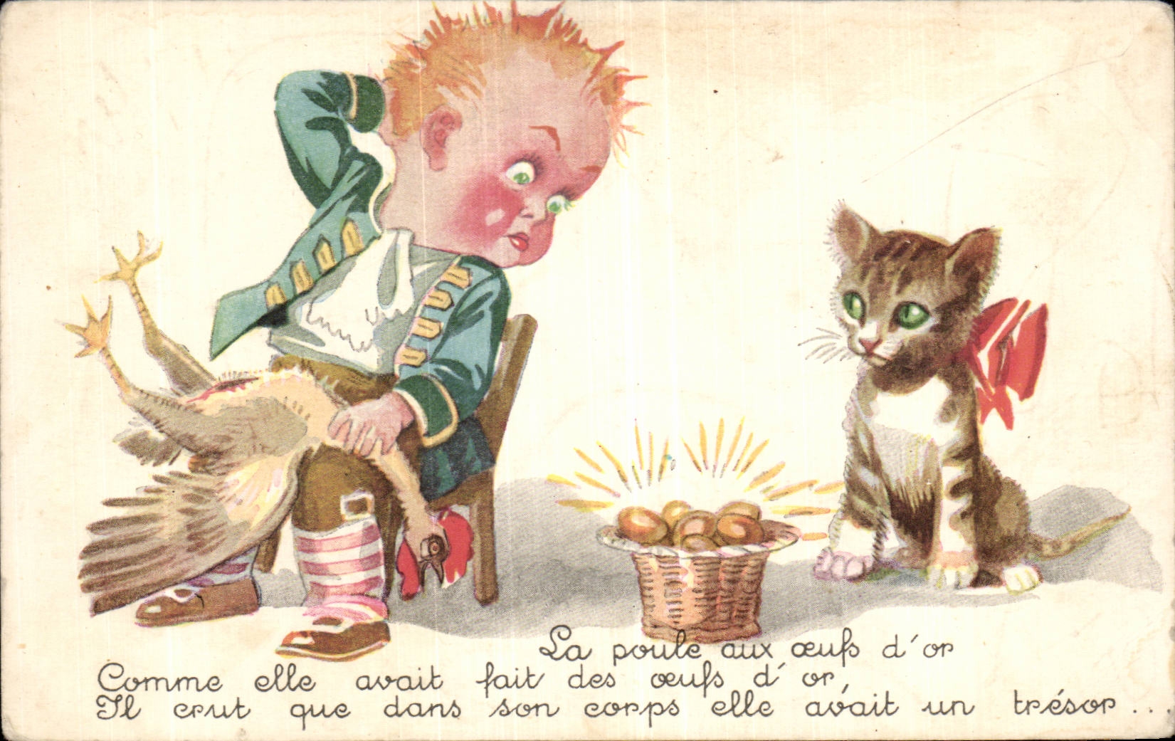 Fantasia - ninos - humor - ilustracion - huevos del oro - gato - gato - CPA