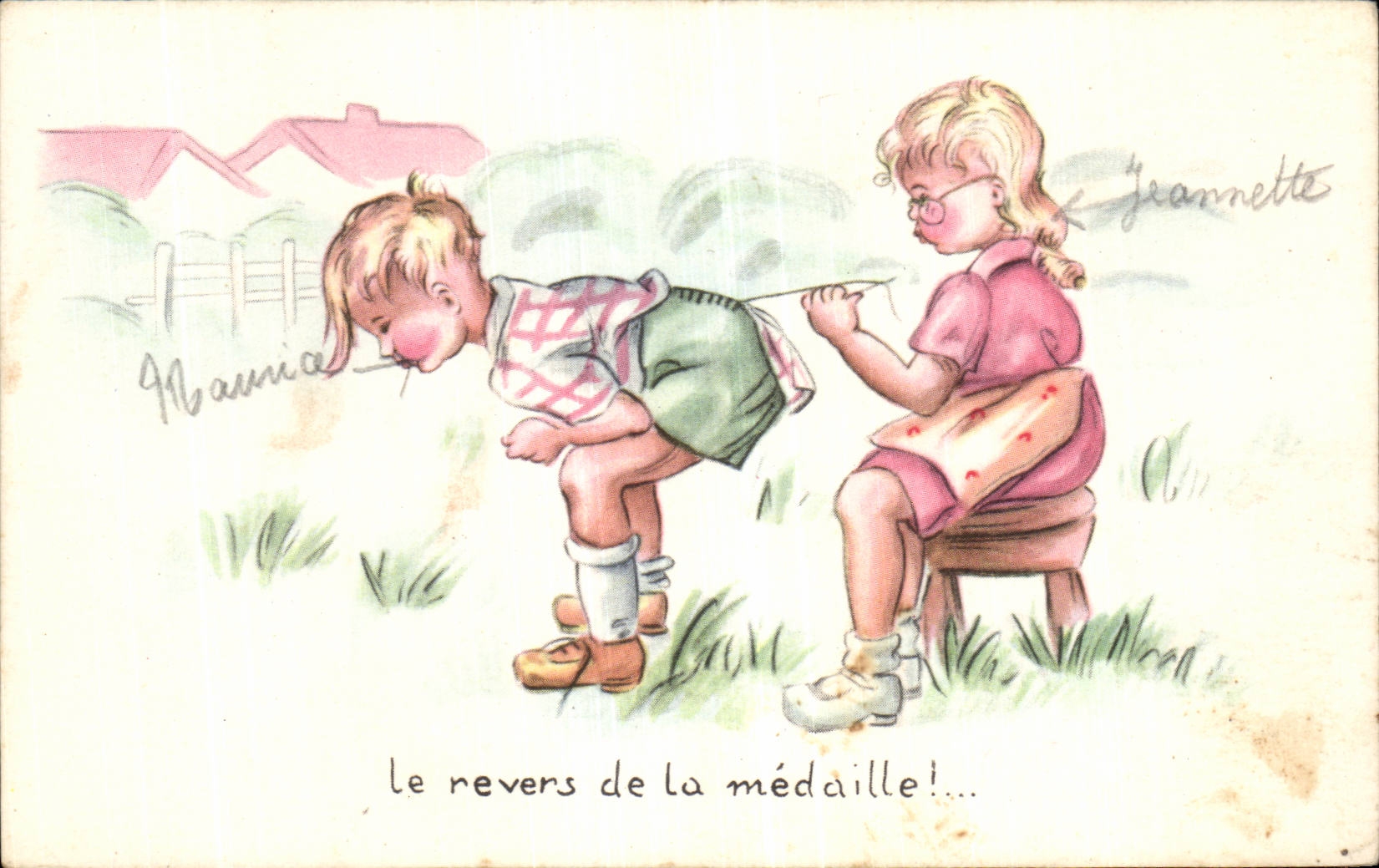 Fantasia - ninos - humor - ilustracion el el otro lado de la moneda - CPA