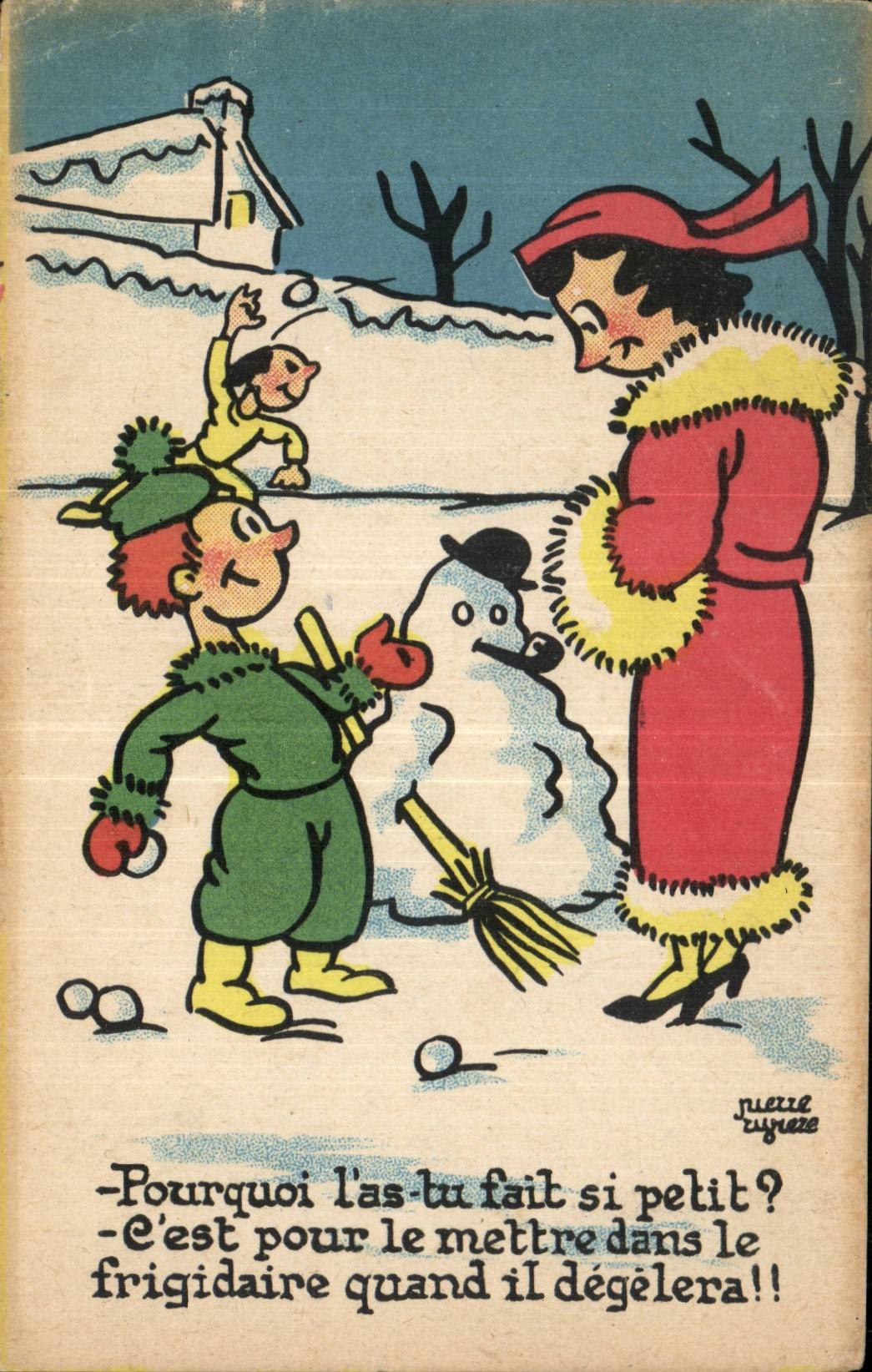 Fantaisie - Enfant - Humour - Illustration - hiver - neige - bonhomme de neige - CPA 