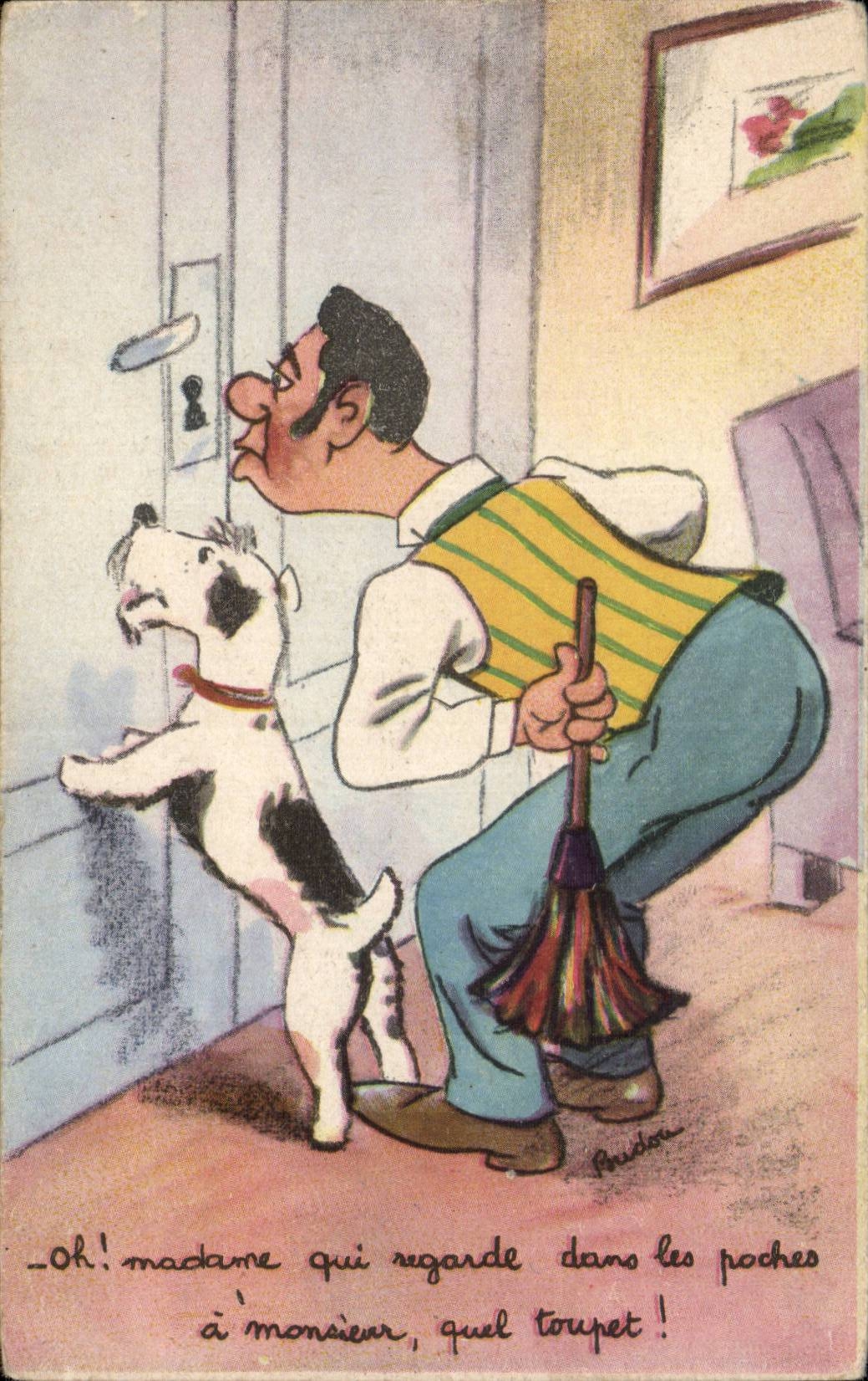 Humour - Illustration - Peeping - chien - dog - CPA 