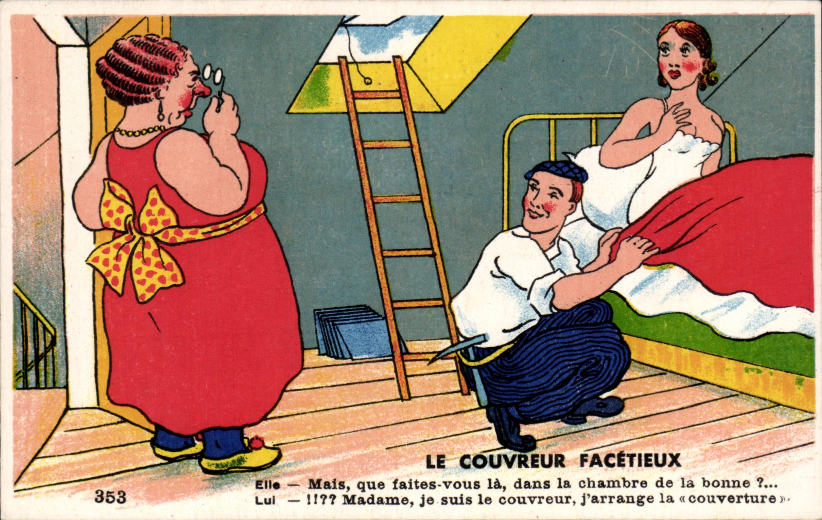 Humour - Illustration - Le Couvreur Facetieux - pin up - pinup - CPA 