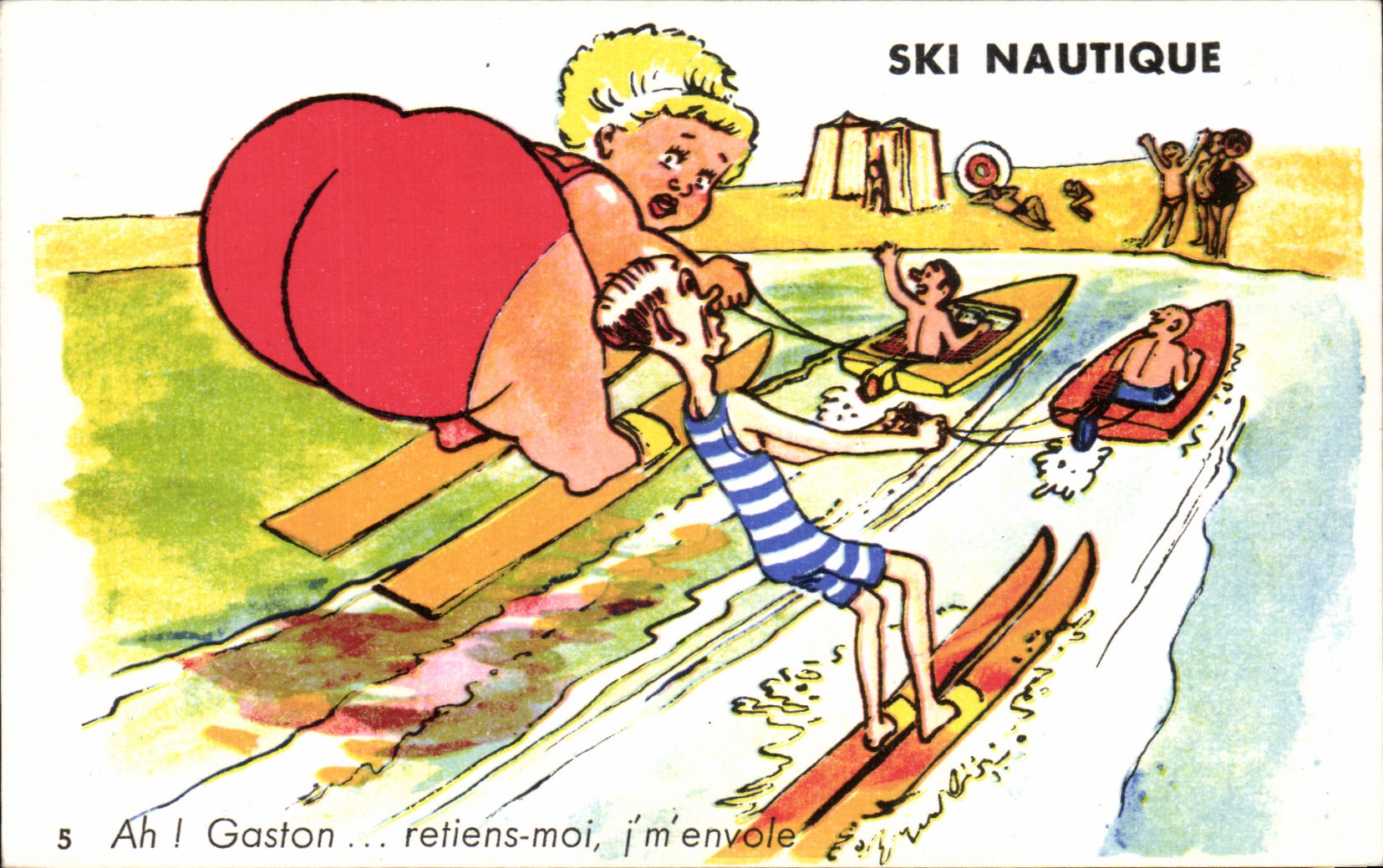 Humour - Illustration - Ski Nautique - Water Skiing - plage - beach - bain - swimming - CPA 