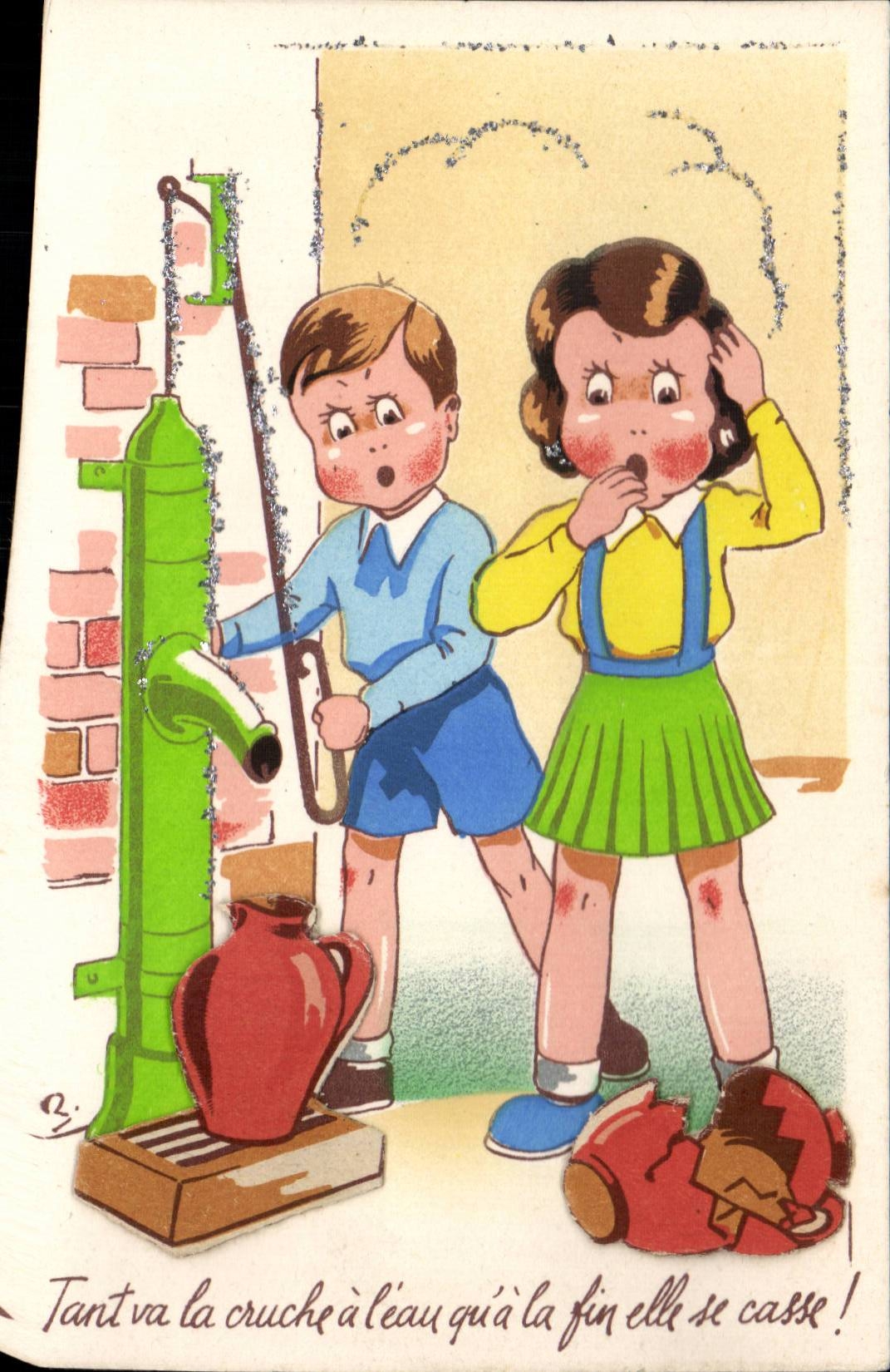 Fantaisie - Enfant - Illustration - cracked water pot (en relief) - CPA 