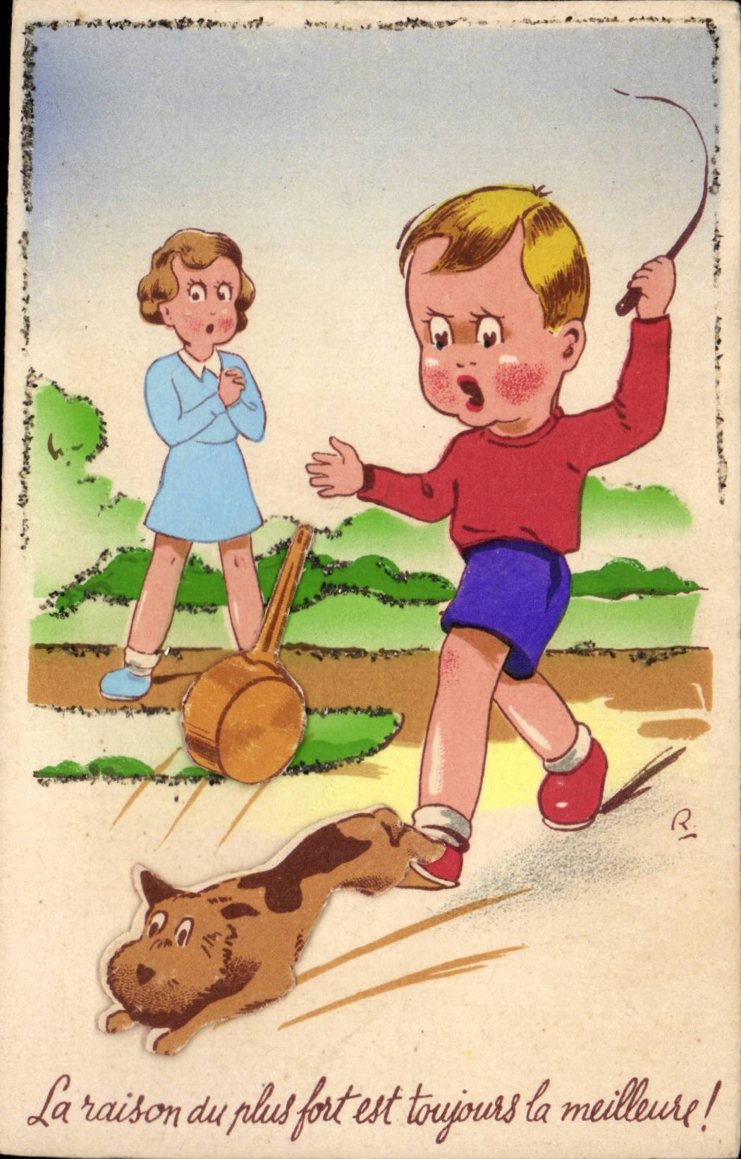 Fantasia - nino - ilustracion - ninos - perro - perro (en la relevacion) - CPA