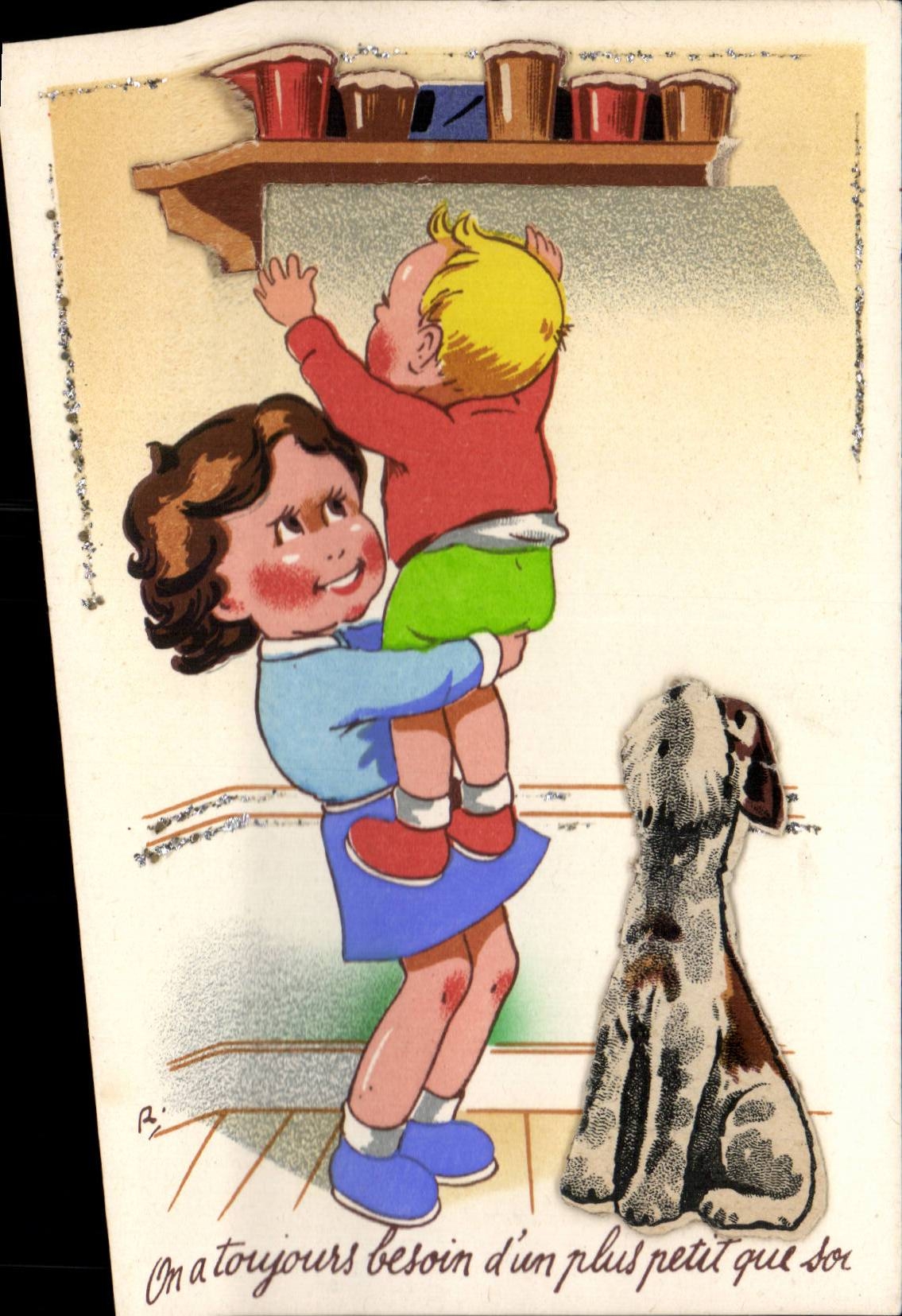 Fantasia - nino - ilustracion - alcanzando para el atasco (en la relevacion) - perro - perro - CPA