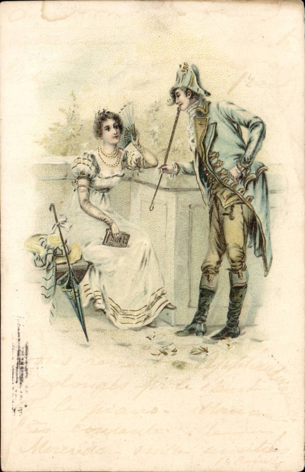 Fantaisie - Couple - Illustration Eventail - CPA