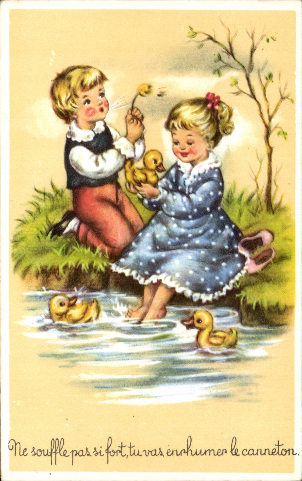 Fantasia - nino - ilustracion - ninos en el lago - CPA