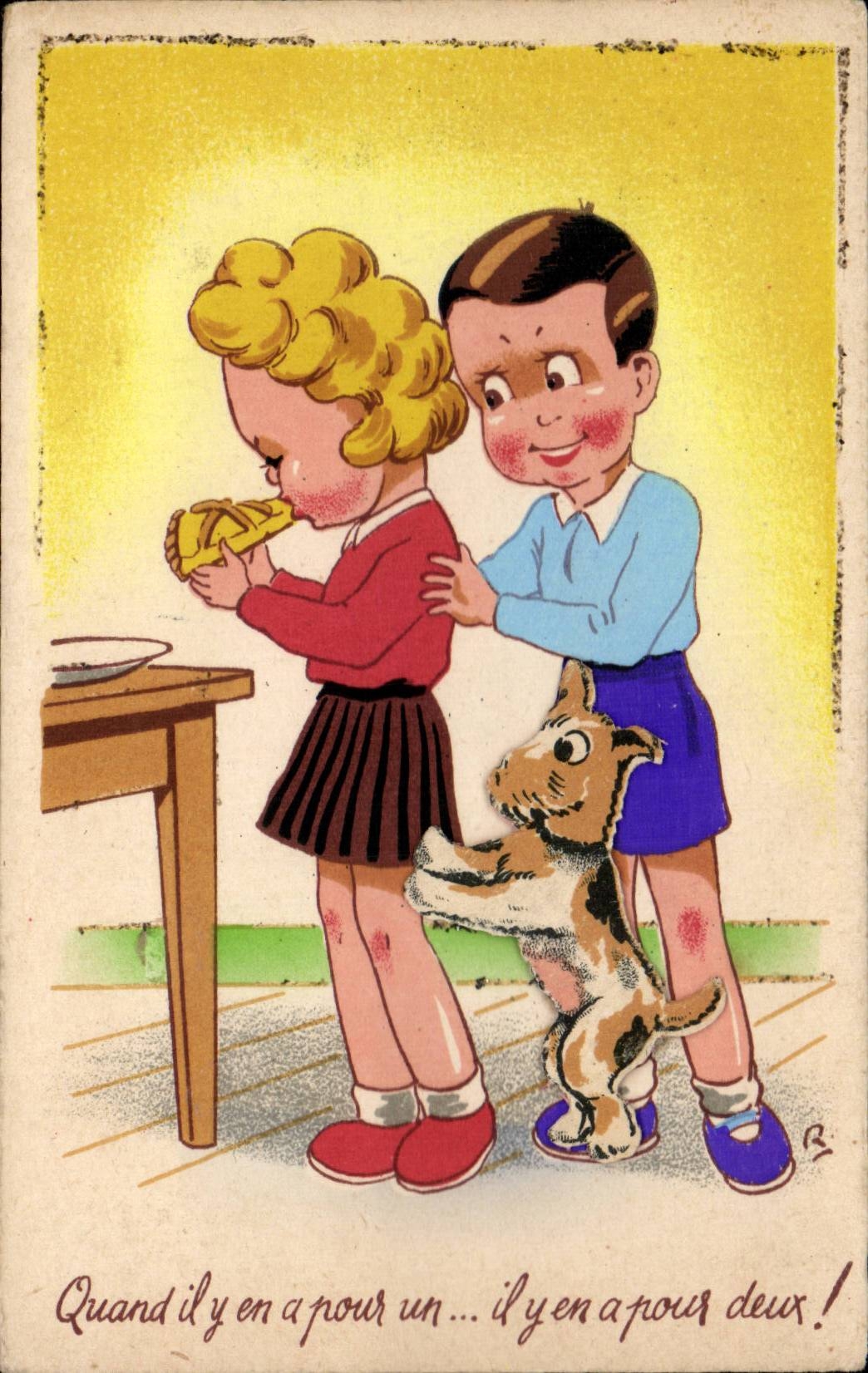 Fantasia - nino - ilustracion - distribucion blanco y negro de los ninos - perro (en la relevacion) - perro - CPA