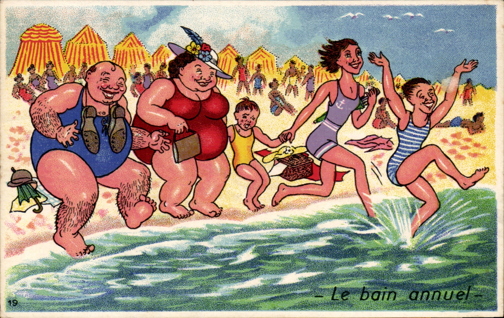Humour - Illustration - swimming - bain - plage - beach - CPA 