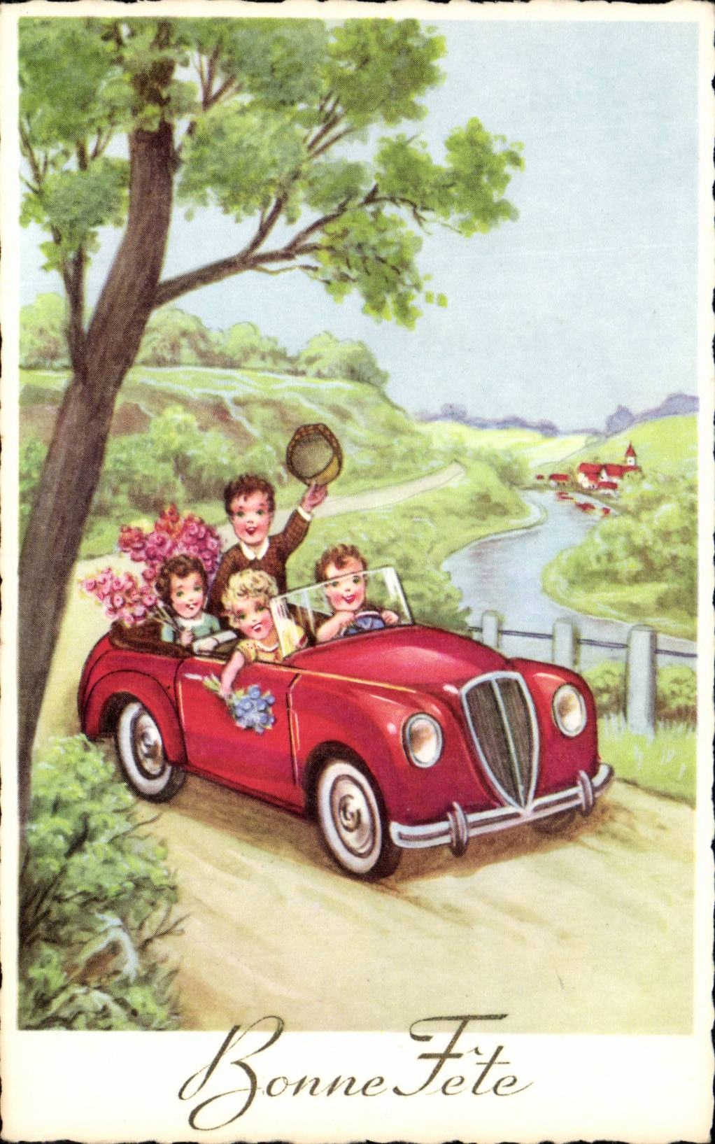 Fantasia - ninos - humor - ilustracion - buen festival - coche - CPA