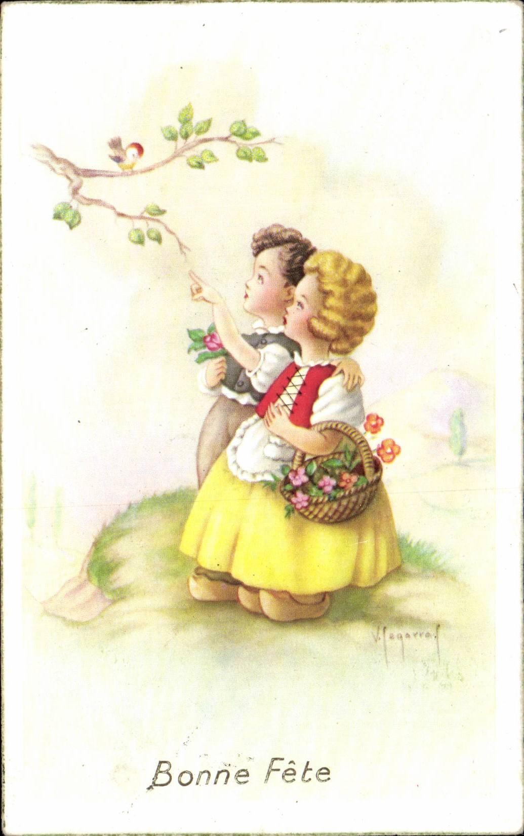 Fantasia - ninos - hola poco chirrido - pajaros - CPA