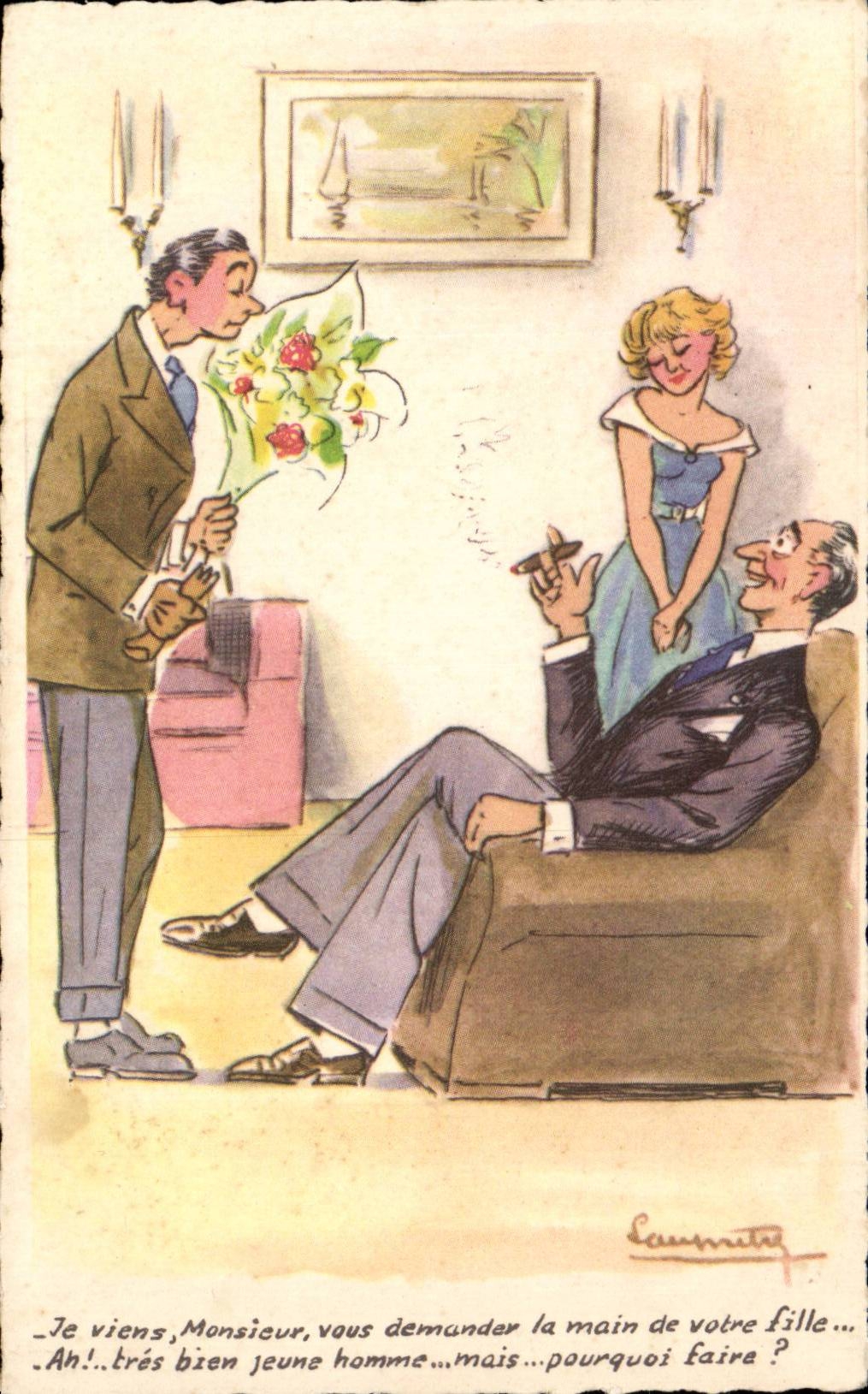 Humour - Illustration - Je viens monsieur vous demander la main de votre fille - CPA 