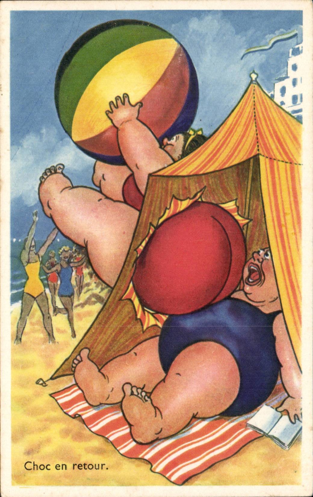 Humour - Illustration - Choc en retour - bain - swimming - plage - beach - CPA 