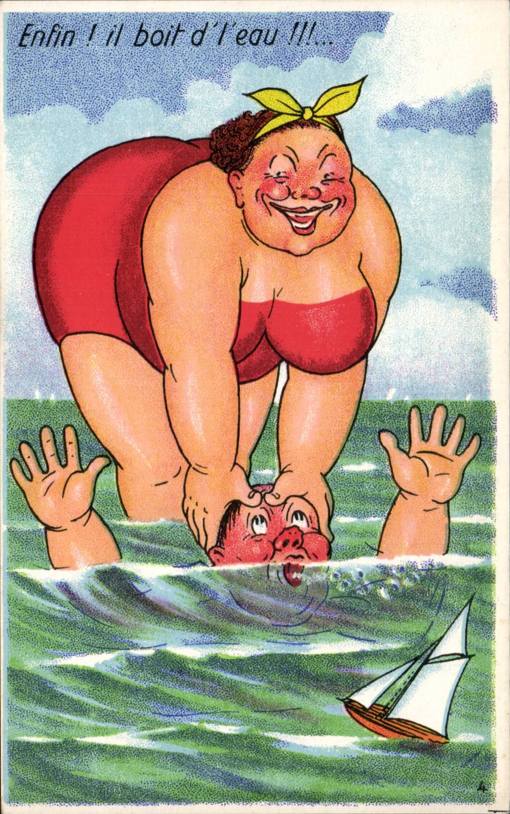Humour - Illustration - Enfin! Il boit de l'eau - bain - swimming - plage - beach - CPA 