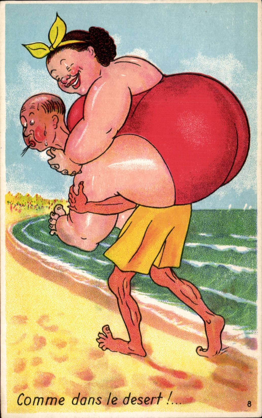 Humour - Illustration - swimming - bain - plage - beach - Comme dans le desert - CPA 