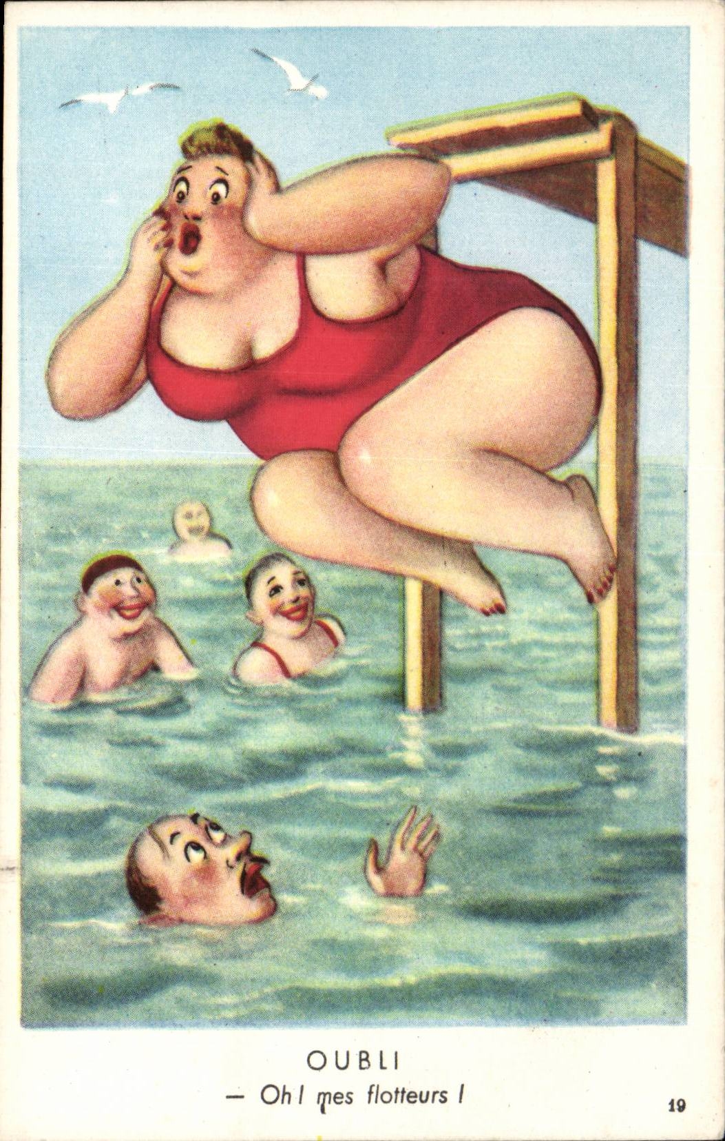 CPA Fantaisie Humour Femme forte Oubli o mes flotteurs