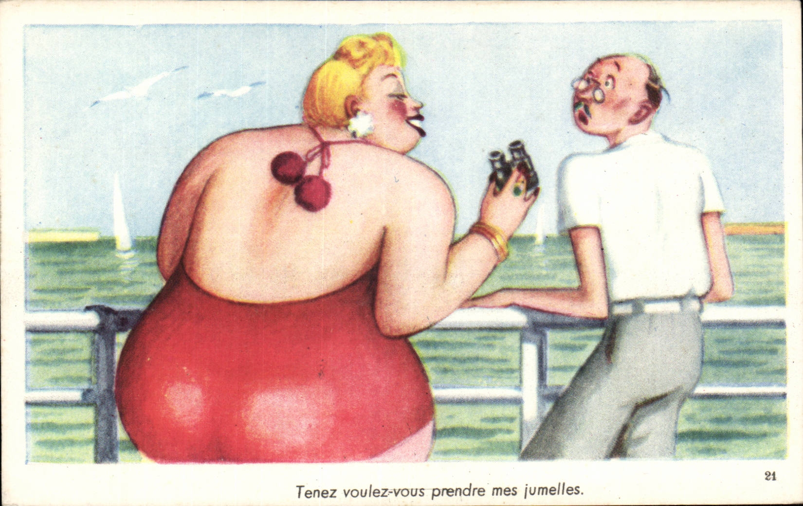 CPA Fantaisie Humour Femme forte Tenez voulez vous prendre mes jumelles