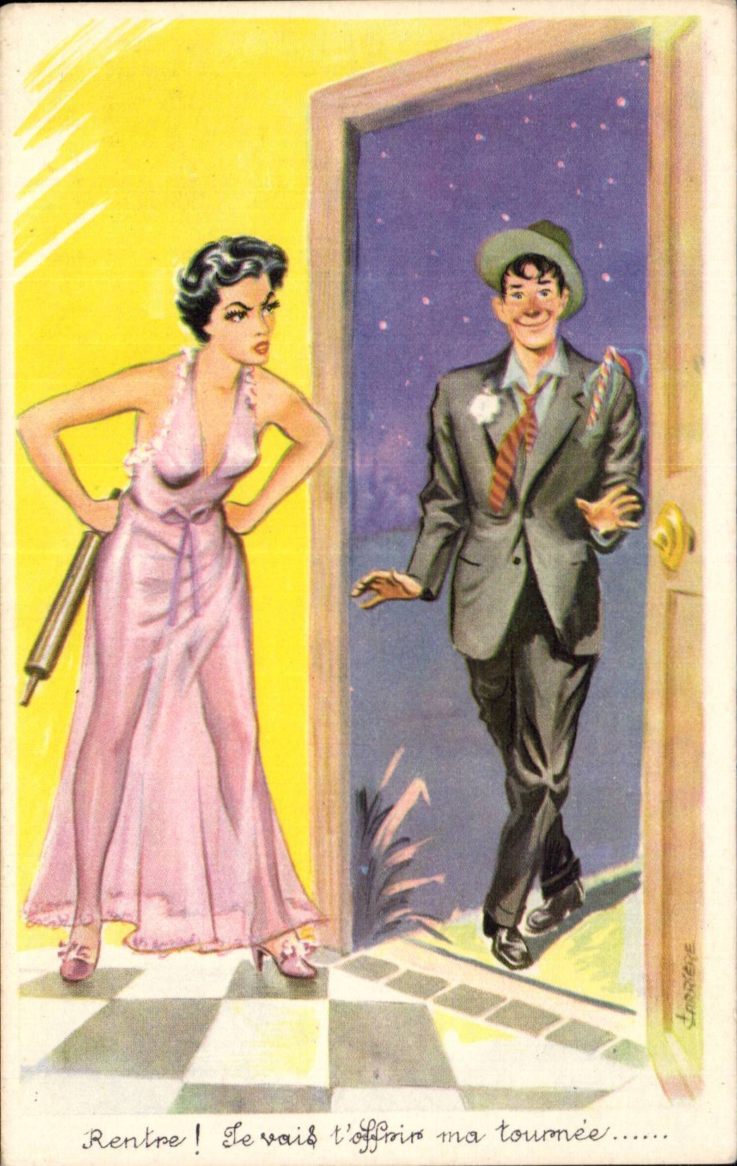 CPA Humour Fantaisie Rentre Je vais t'offrir ma tournee