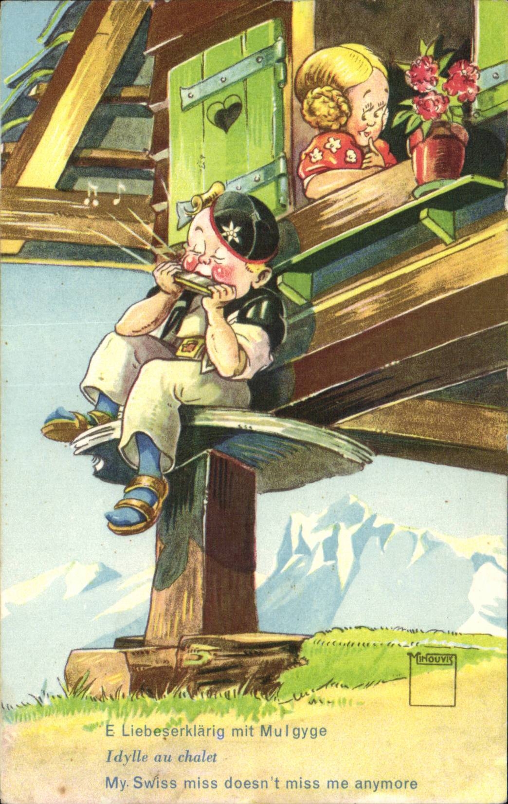 CPA Humour Fantaisie Idylle au chalet Suisse