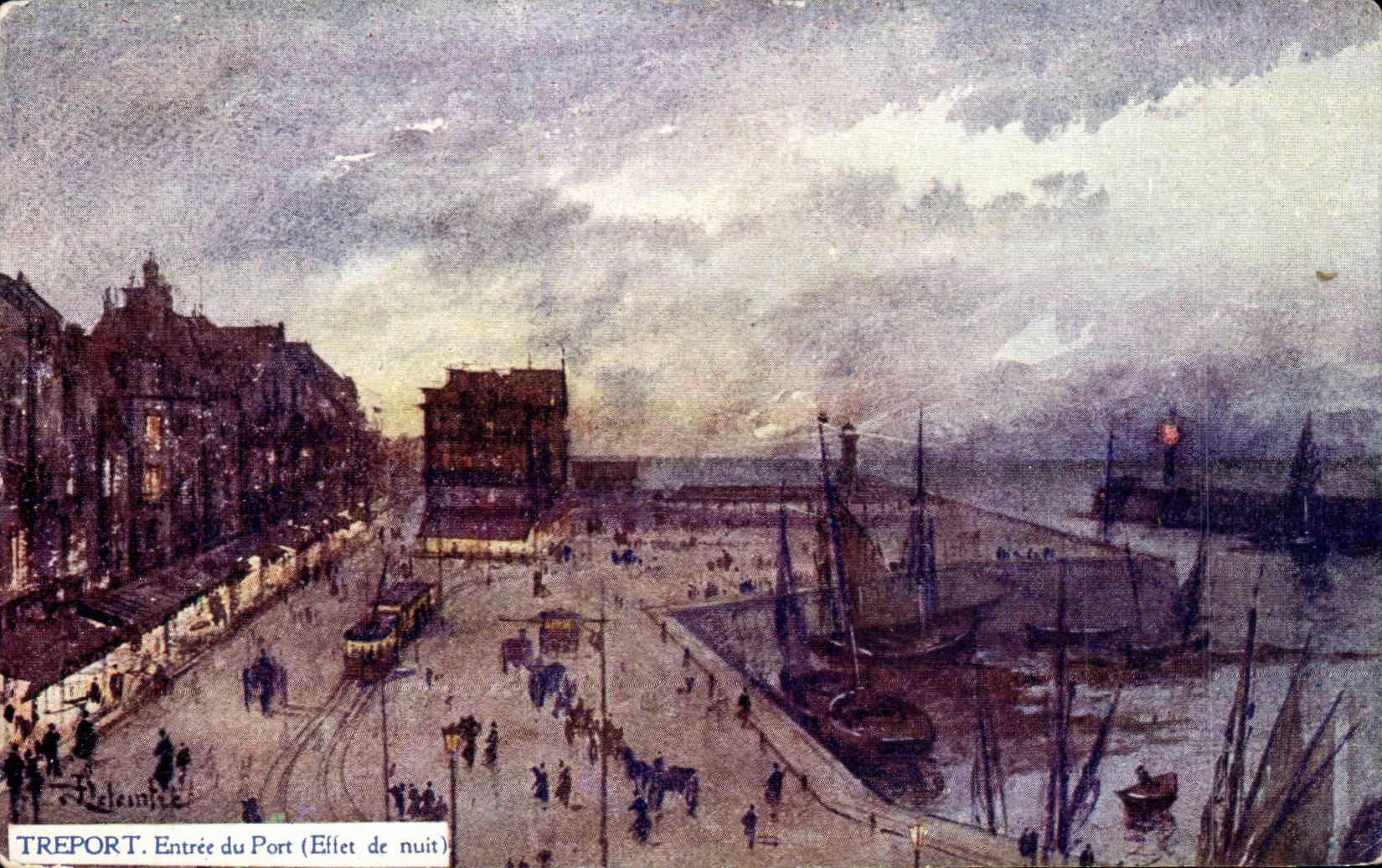 CPA Treport Entrance of the port (night effect)